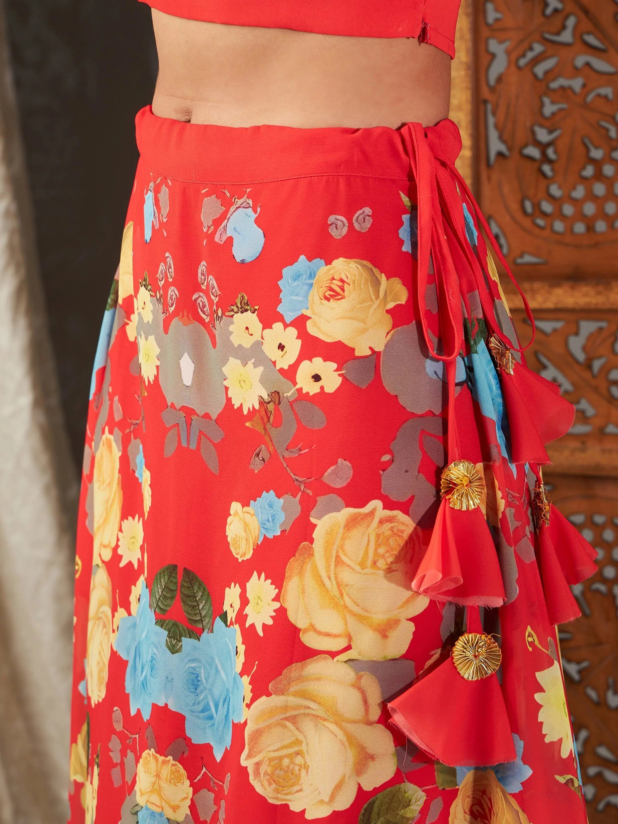 Floral Lehenga Choli for Women - Red & Yellow Party Wear