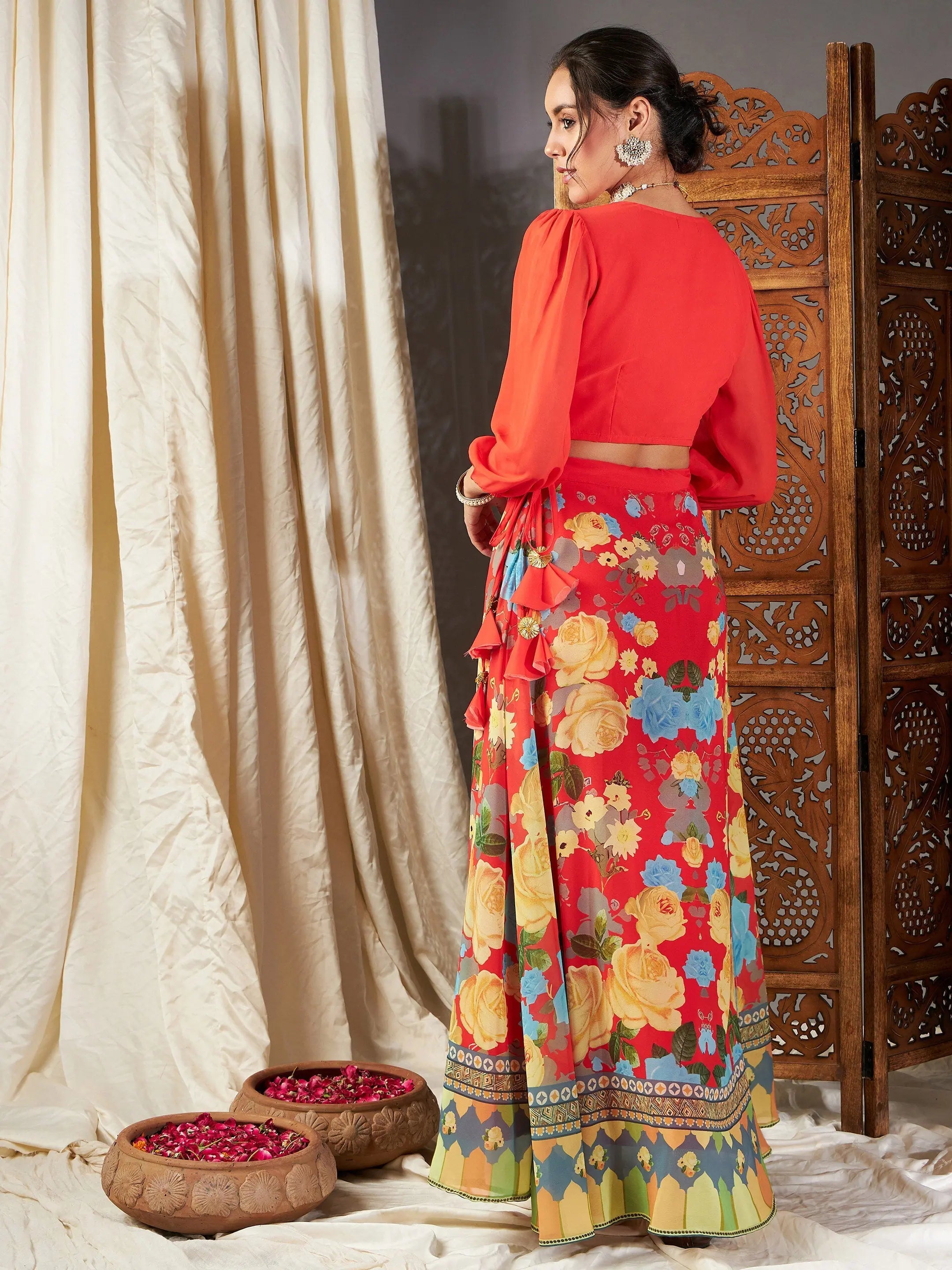 Floral Lehenga Choli for Women - Red & Yellow Party Wear