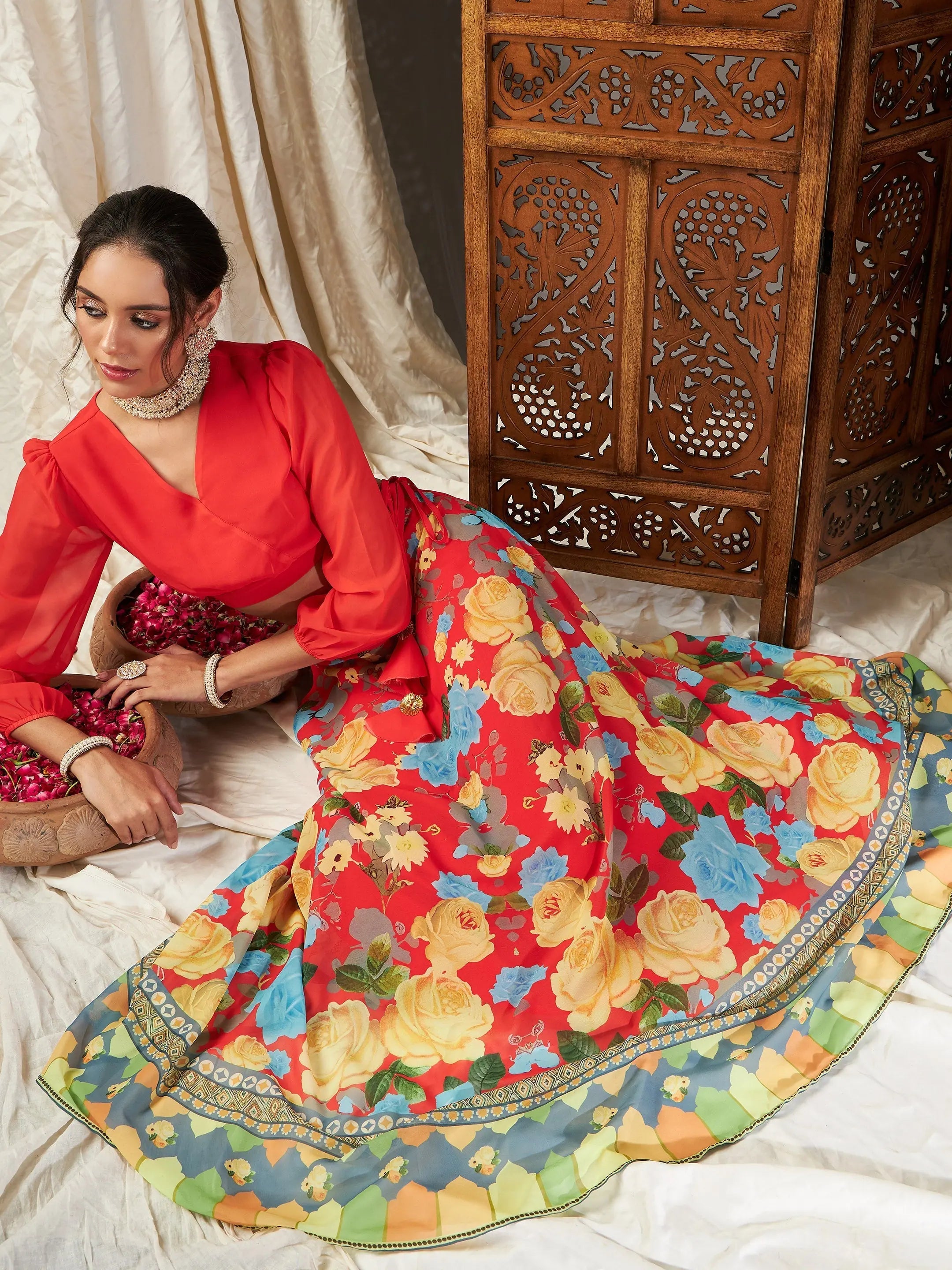 Floral Lehenga Choli for Women - Red & Yellow Party Wear