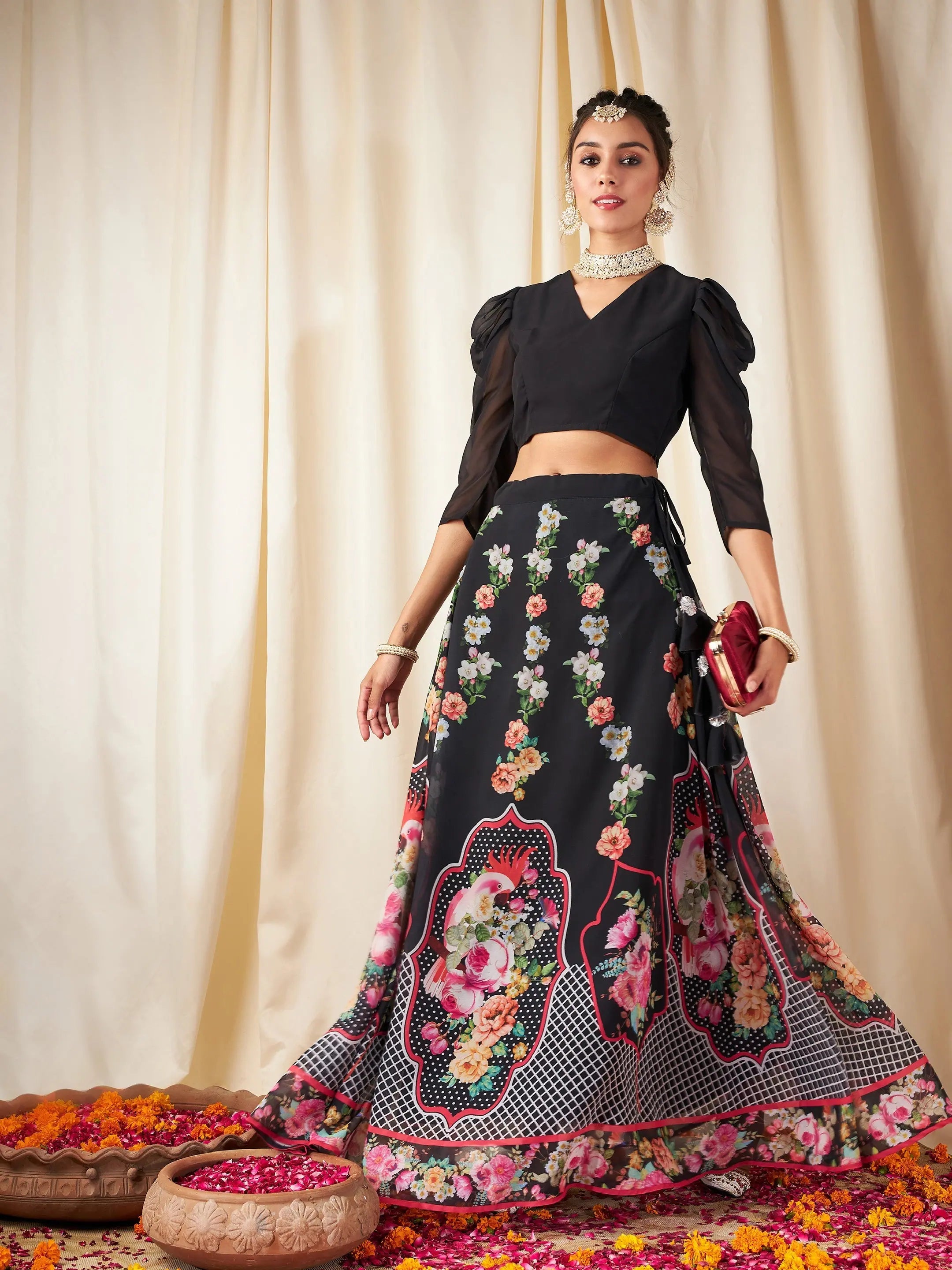 Black Floral Lehenga Choli Set - Party Wear Lehenga for Women