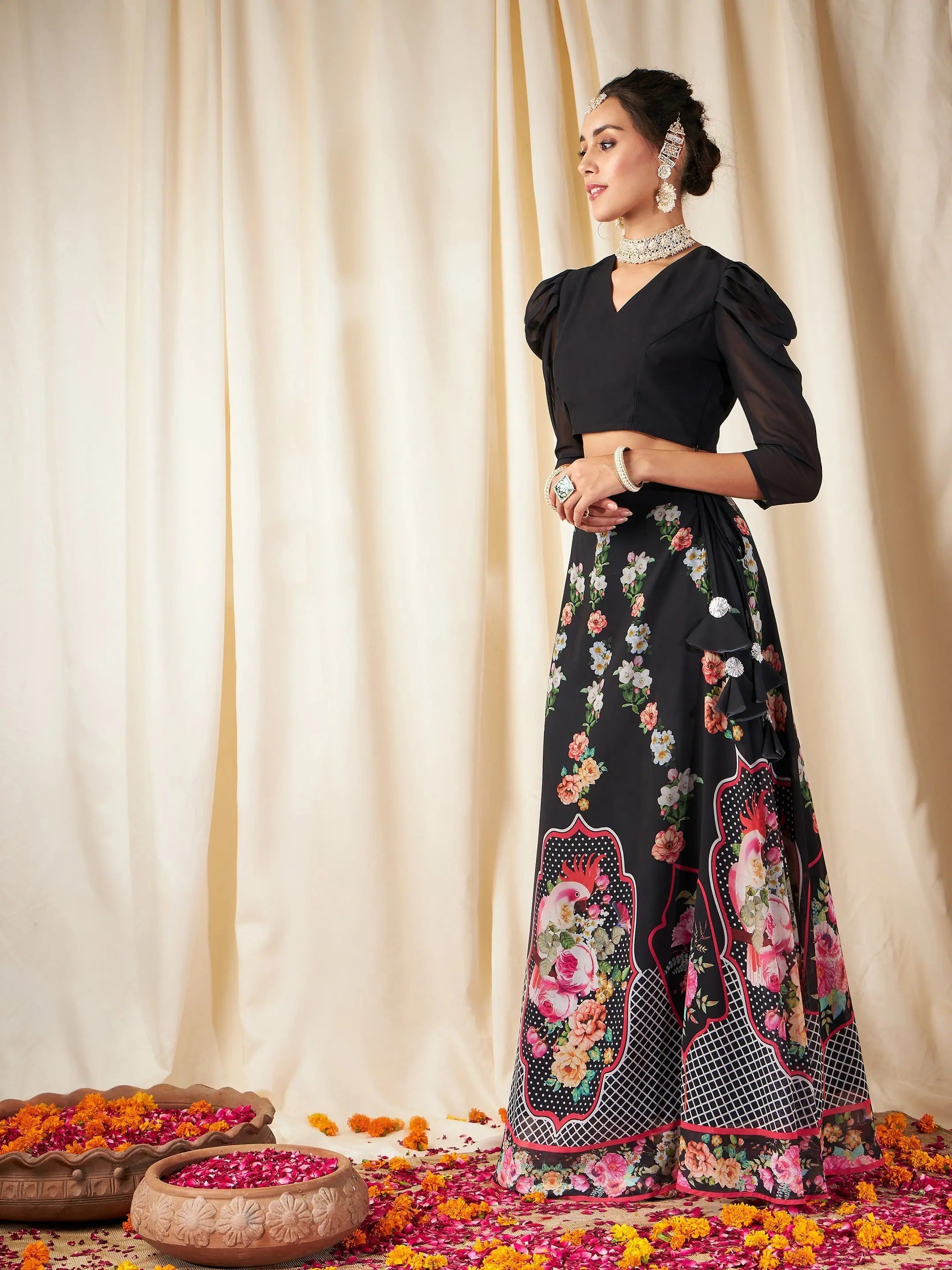 Black Floral Lehenga Choli Set - Party Wear Lehenga for Women