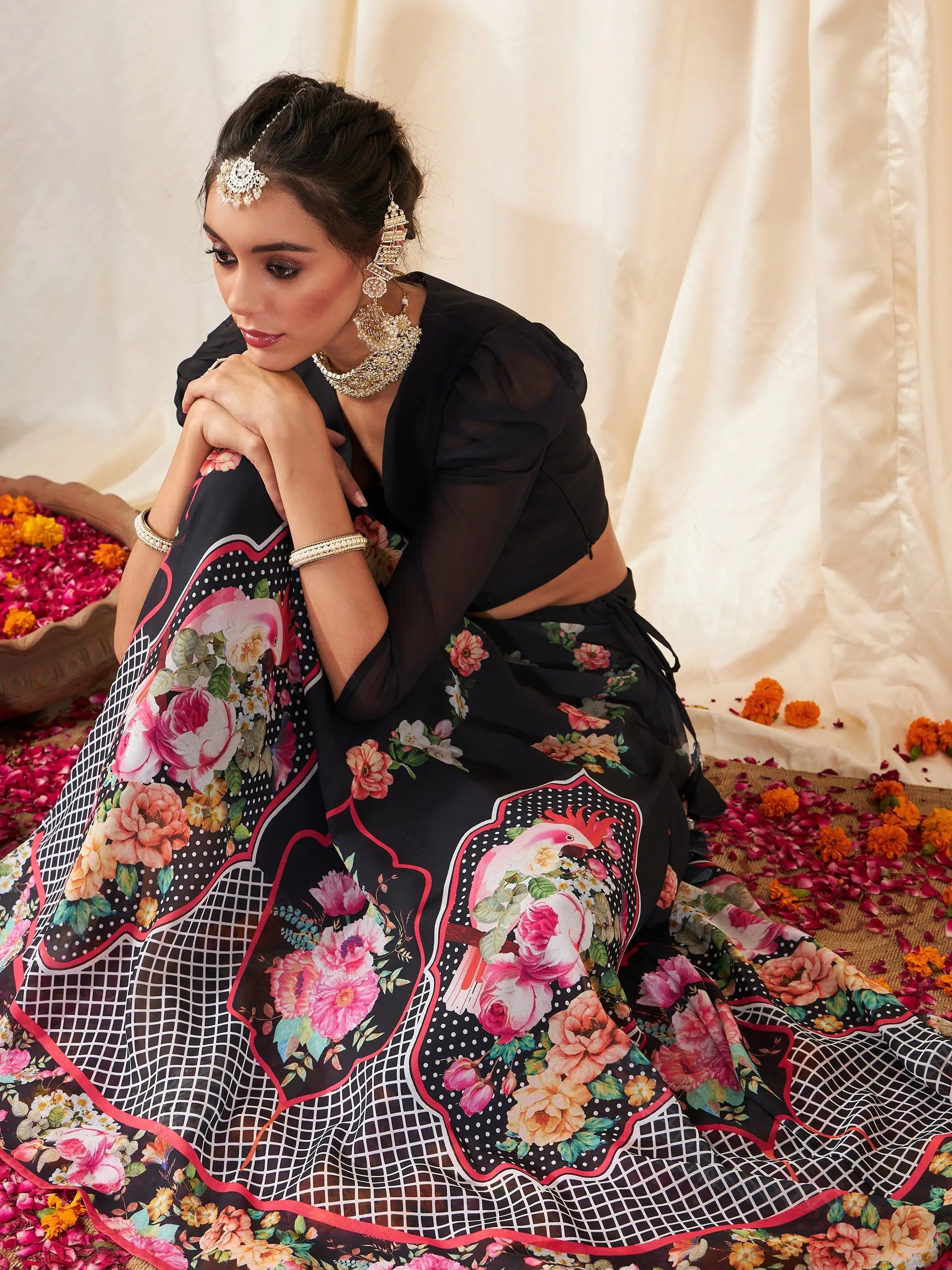 Black Floral Lehenga Choli Set - Party Wear Lehenga for Women