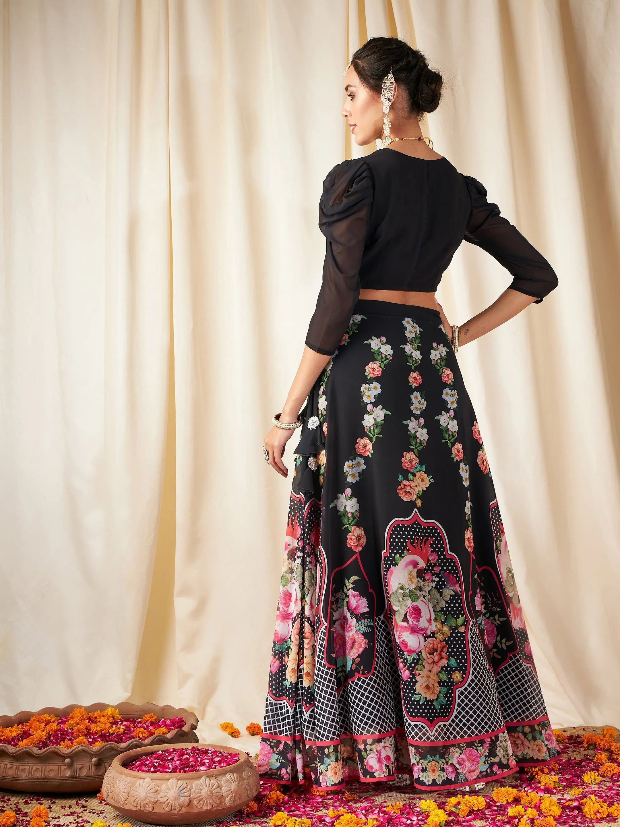 Black Floral Lehenga Choli Set - Party Wear Lehenga for Women
