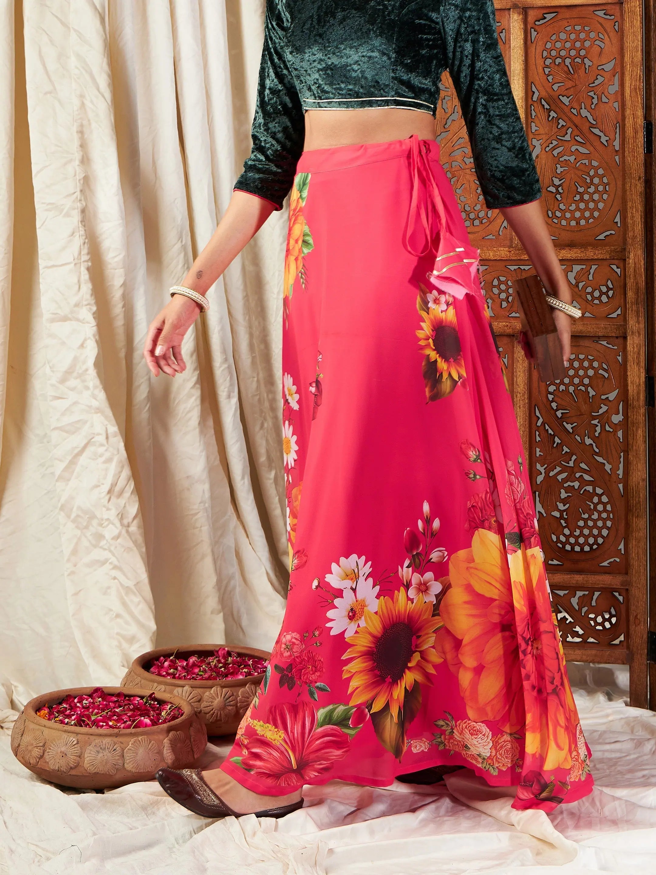 Fuchsia Floral Flared Women's Skirts - Stylish Maxi Skirt