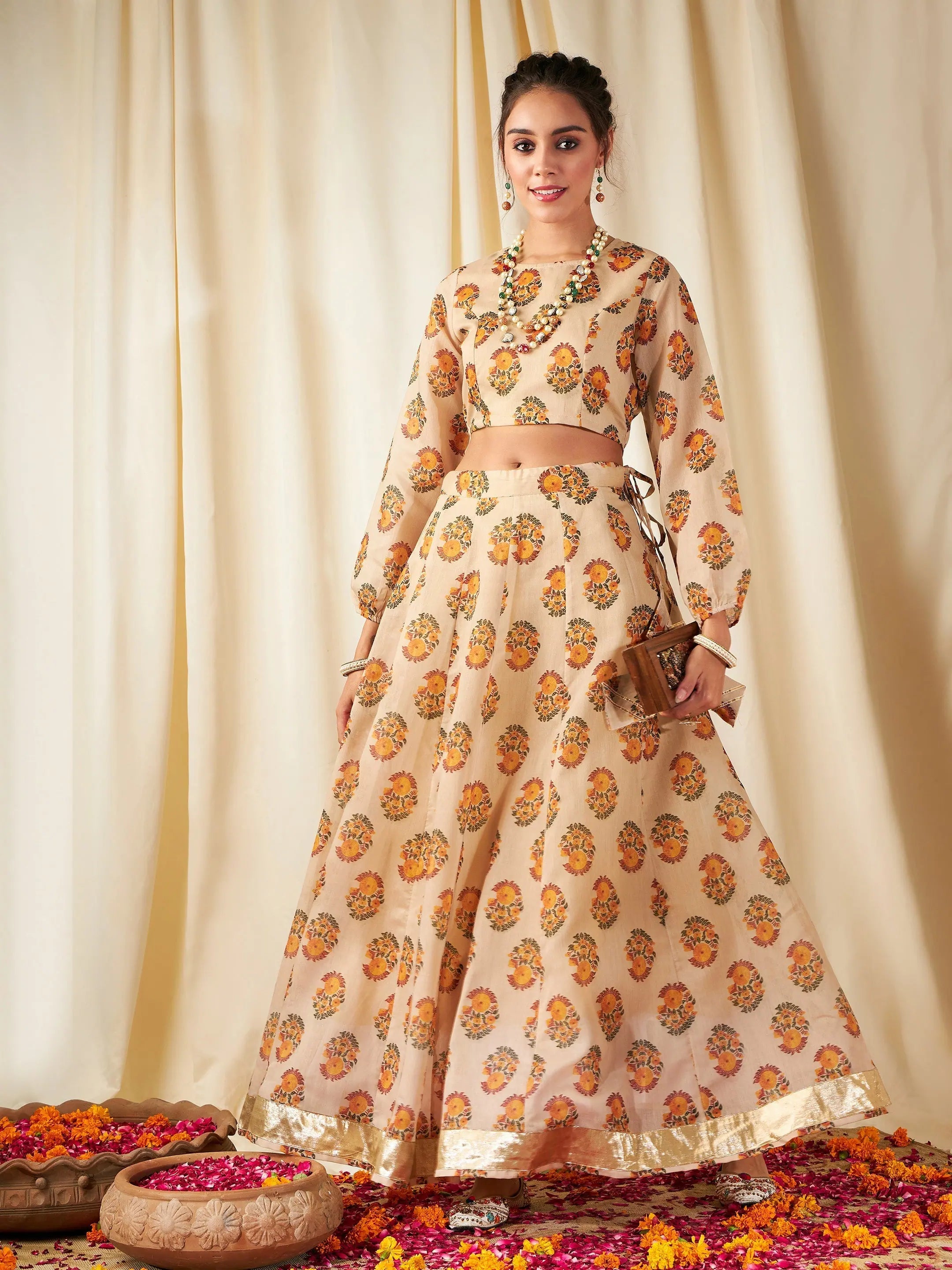 Beige Floral Lehenga Choli - Silk Designer Lehenga for Women