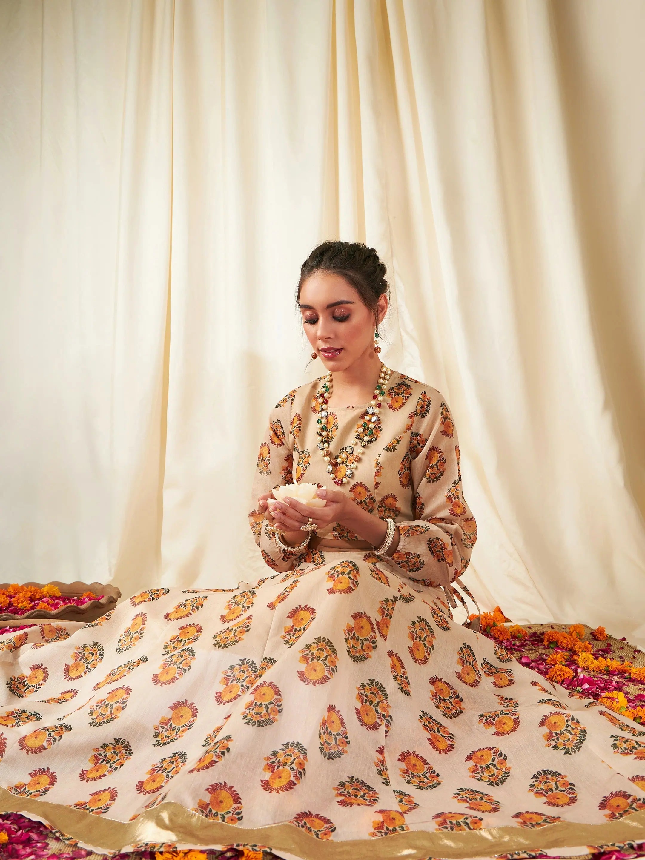 Beige Floral Lehenga Choli - Silk Designer Lehenga for Women