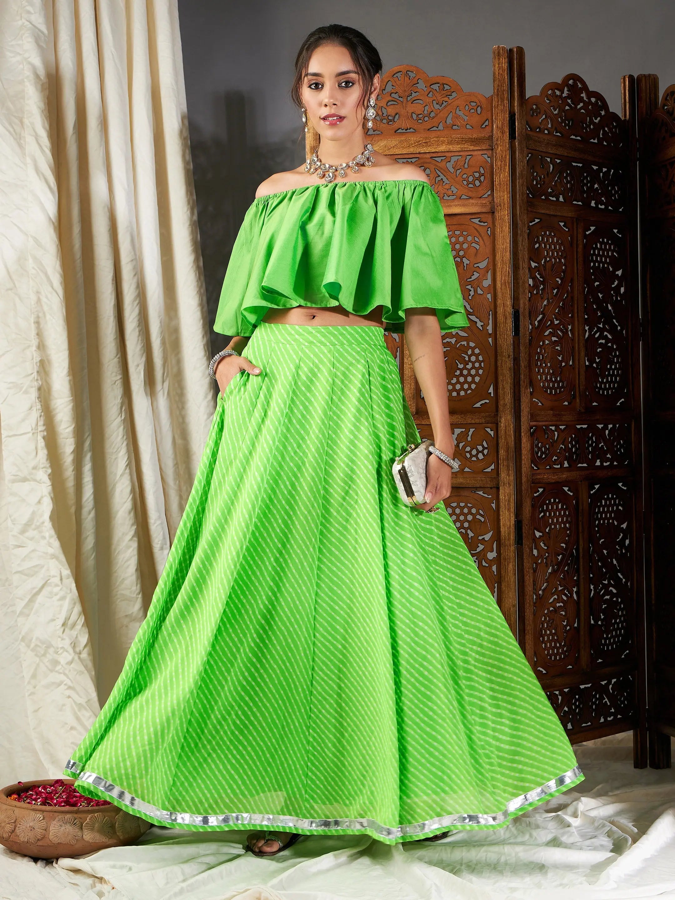 Green Lehariya Lehenga Choli - Ethnic Lehenga for Women