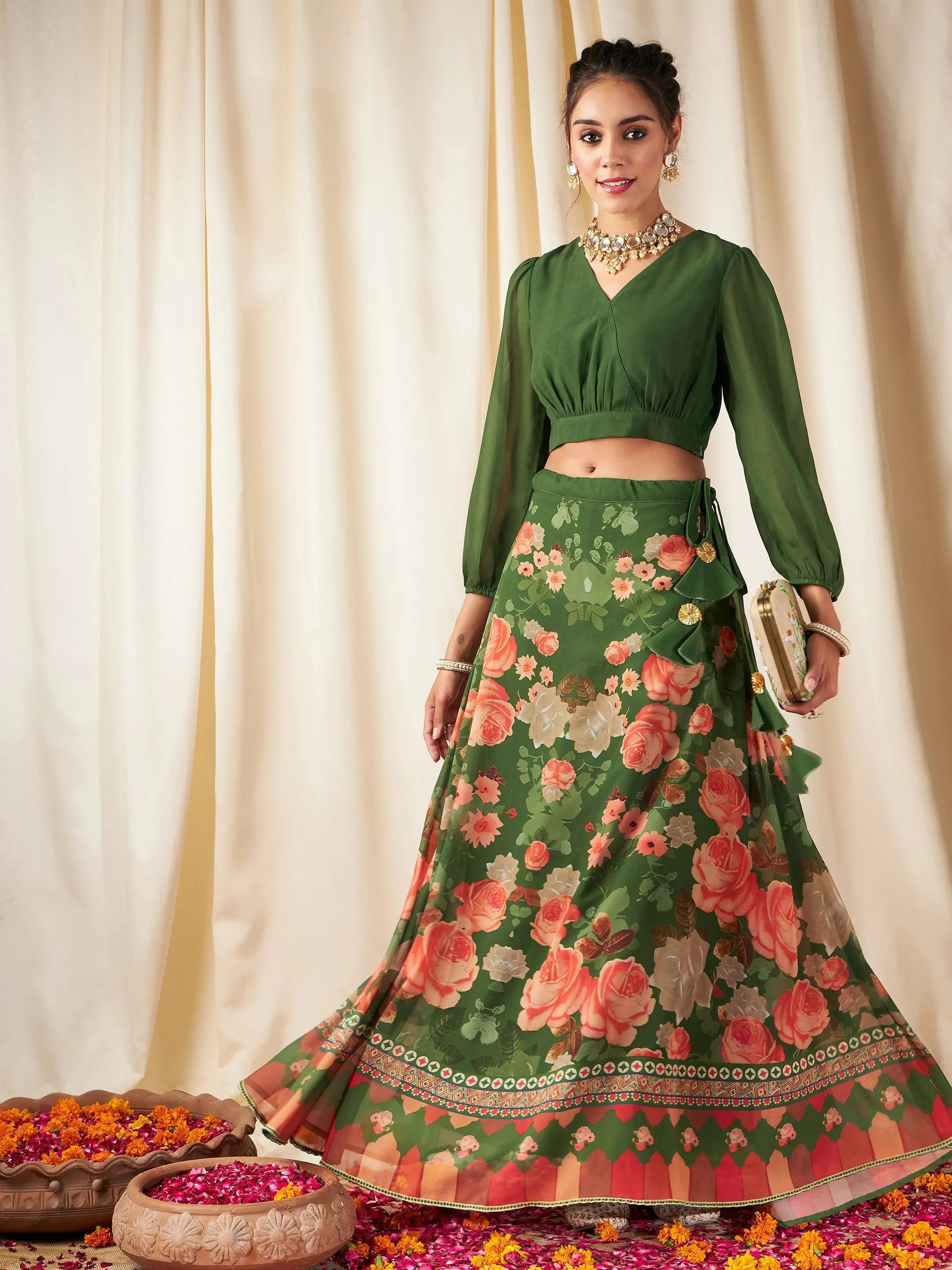 Floral Lehenga Choli Set - Green & Peach Designer Lehenga