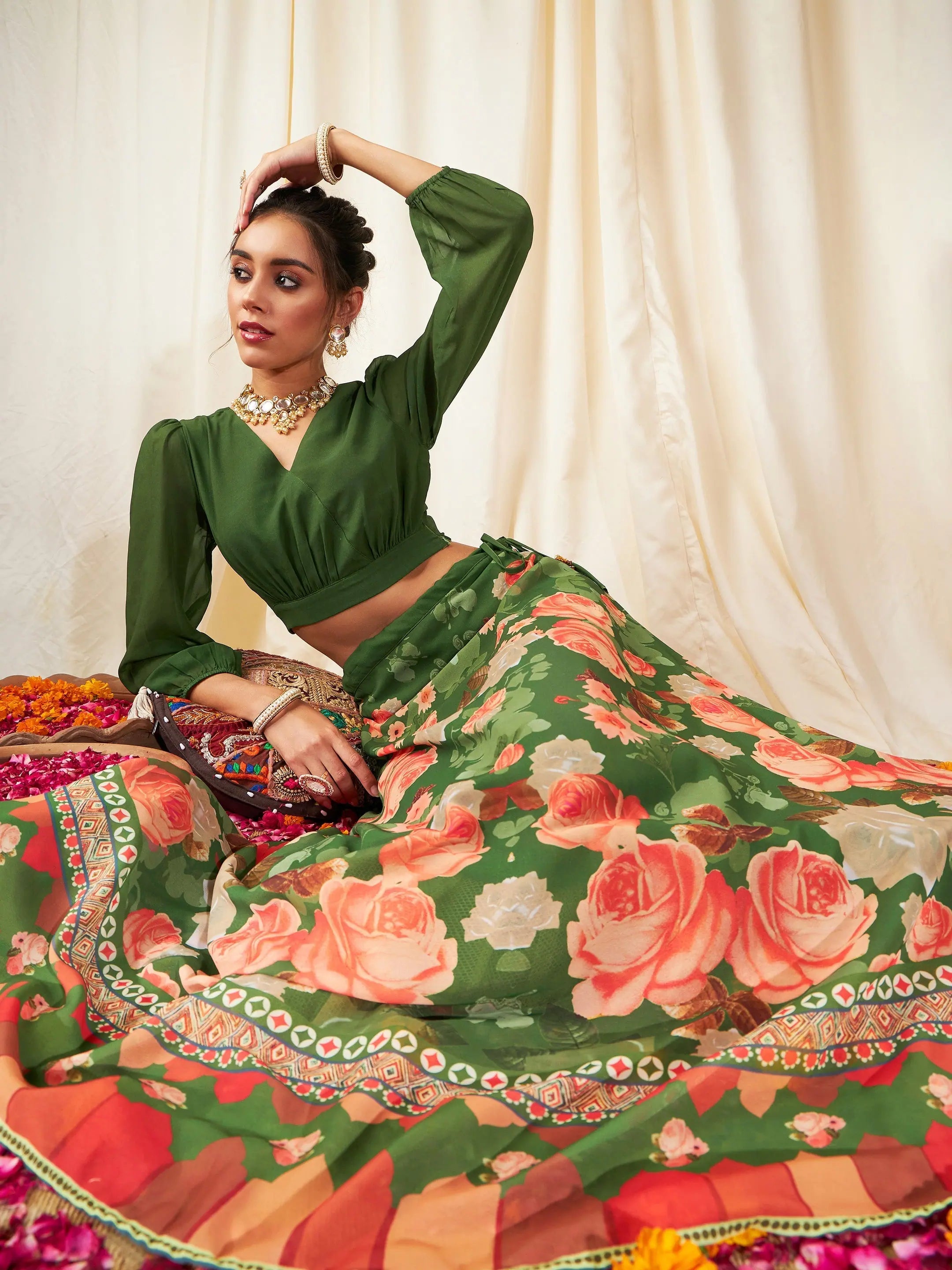 Floral Lehenga Choli Set - Green & Peach Designer Lehenga