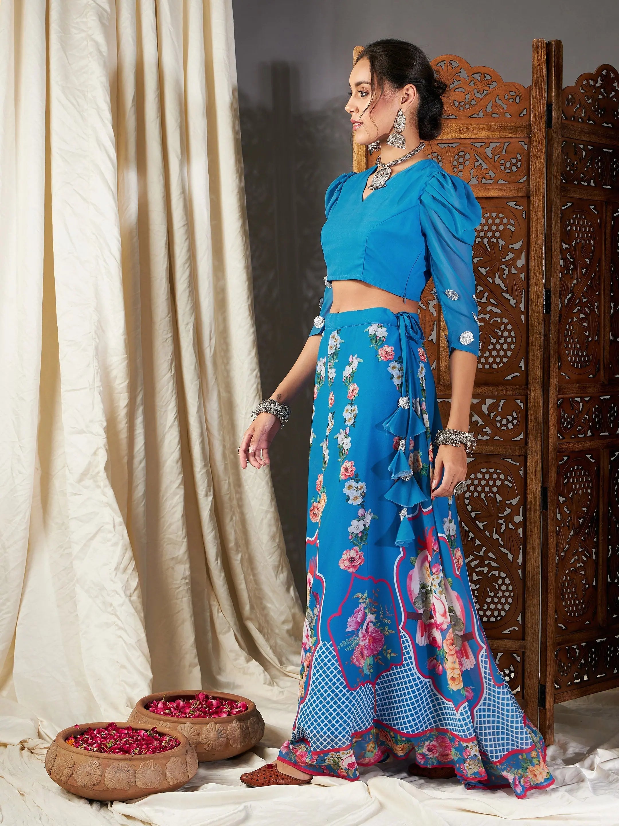 Blue Floral Skirt Crop Top Set | Designer Lehenga