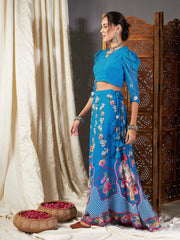 Women Blue Floral Bias Flared Skirt With Crop Top