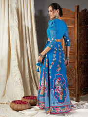Women Blue Floral Bias Flared Skirt With Crop Top