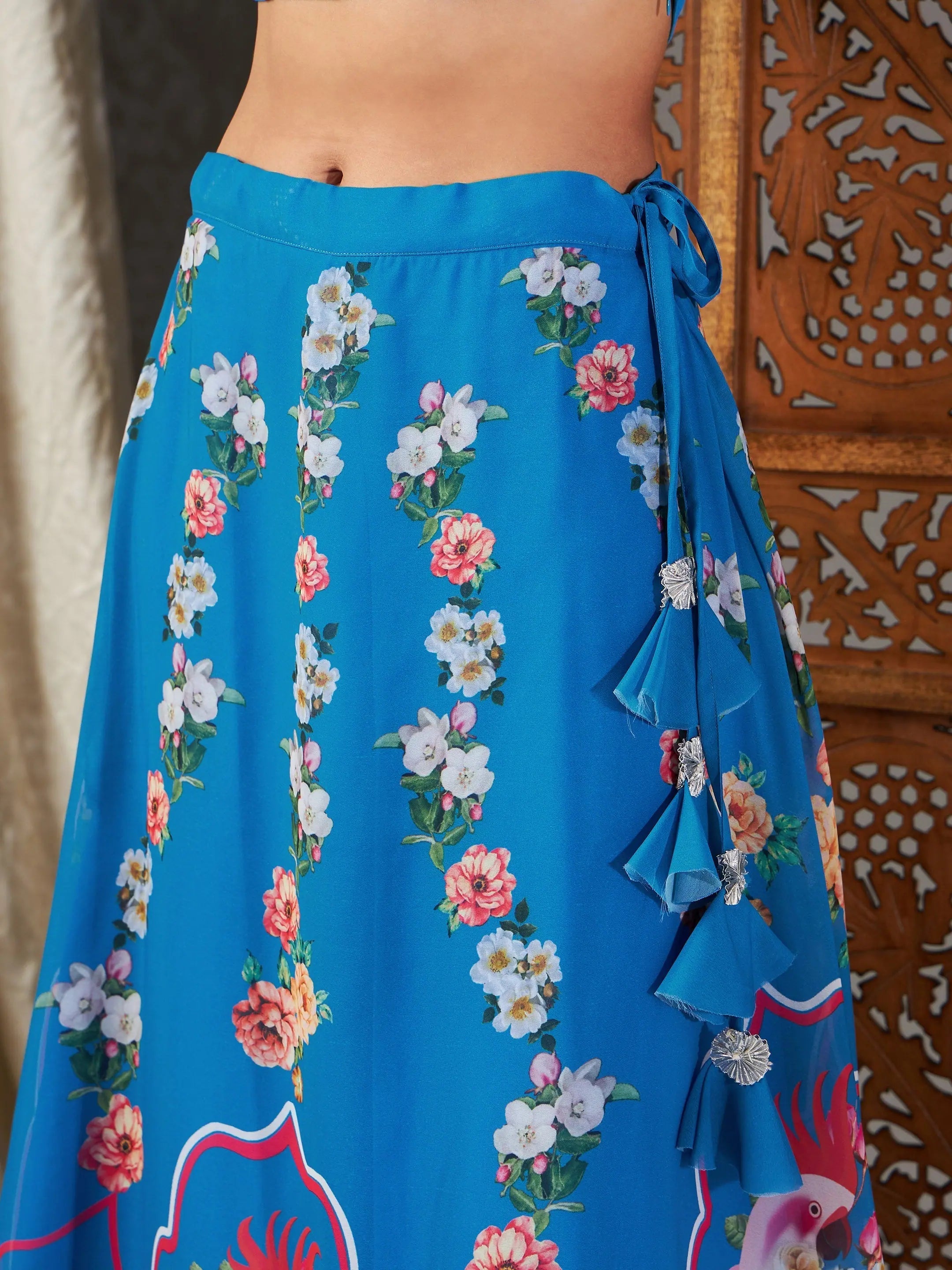 Blue Floral Skirt Crop Top Set | Designer Lehenga