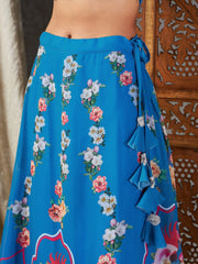 Women Blue Floral Bias Flared Skirt With Crop Top