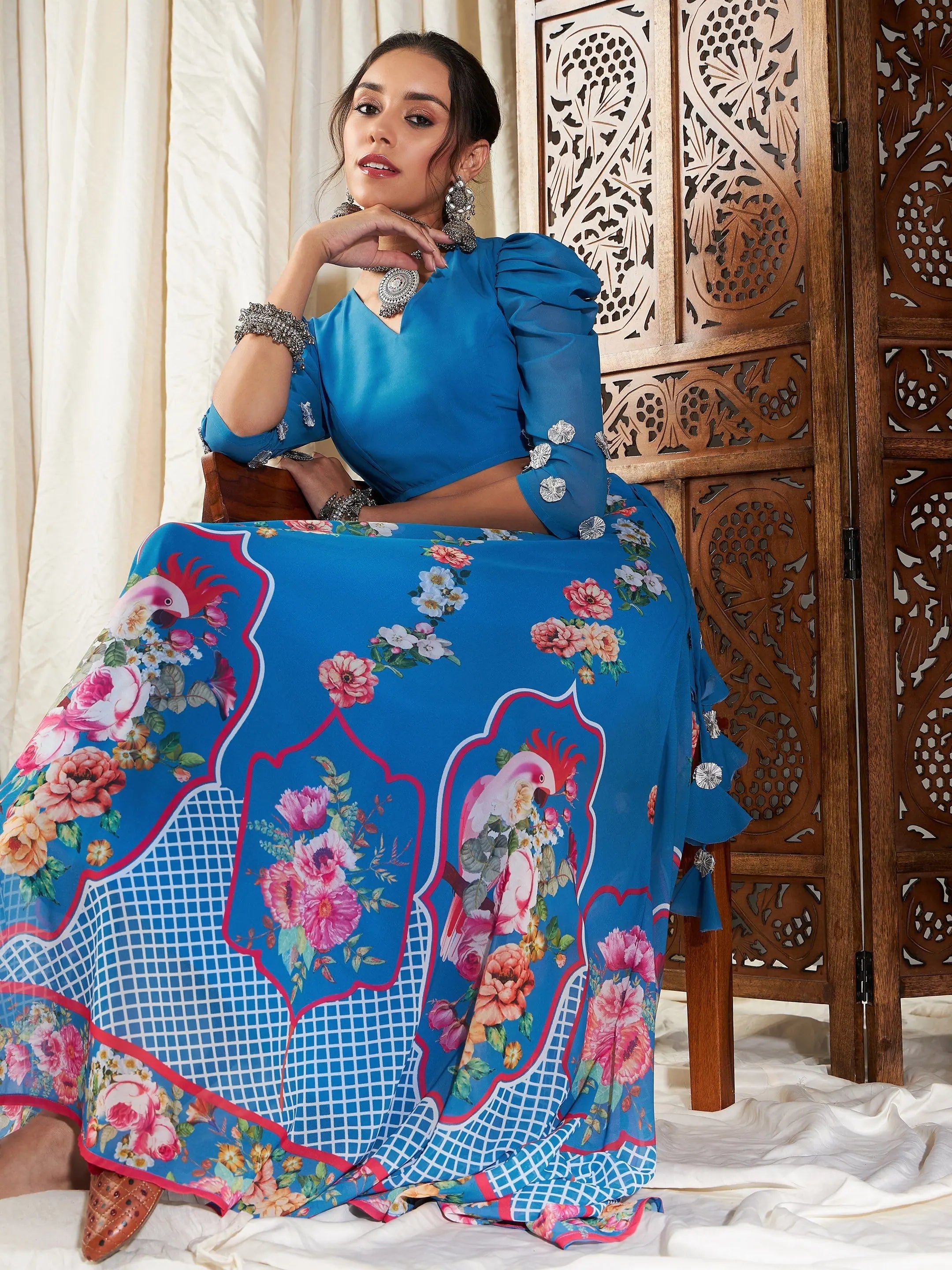 Blue Floral Skirt Crop Top Set | Designer Lehenga