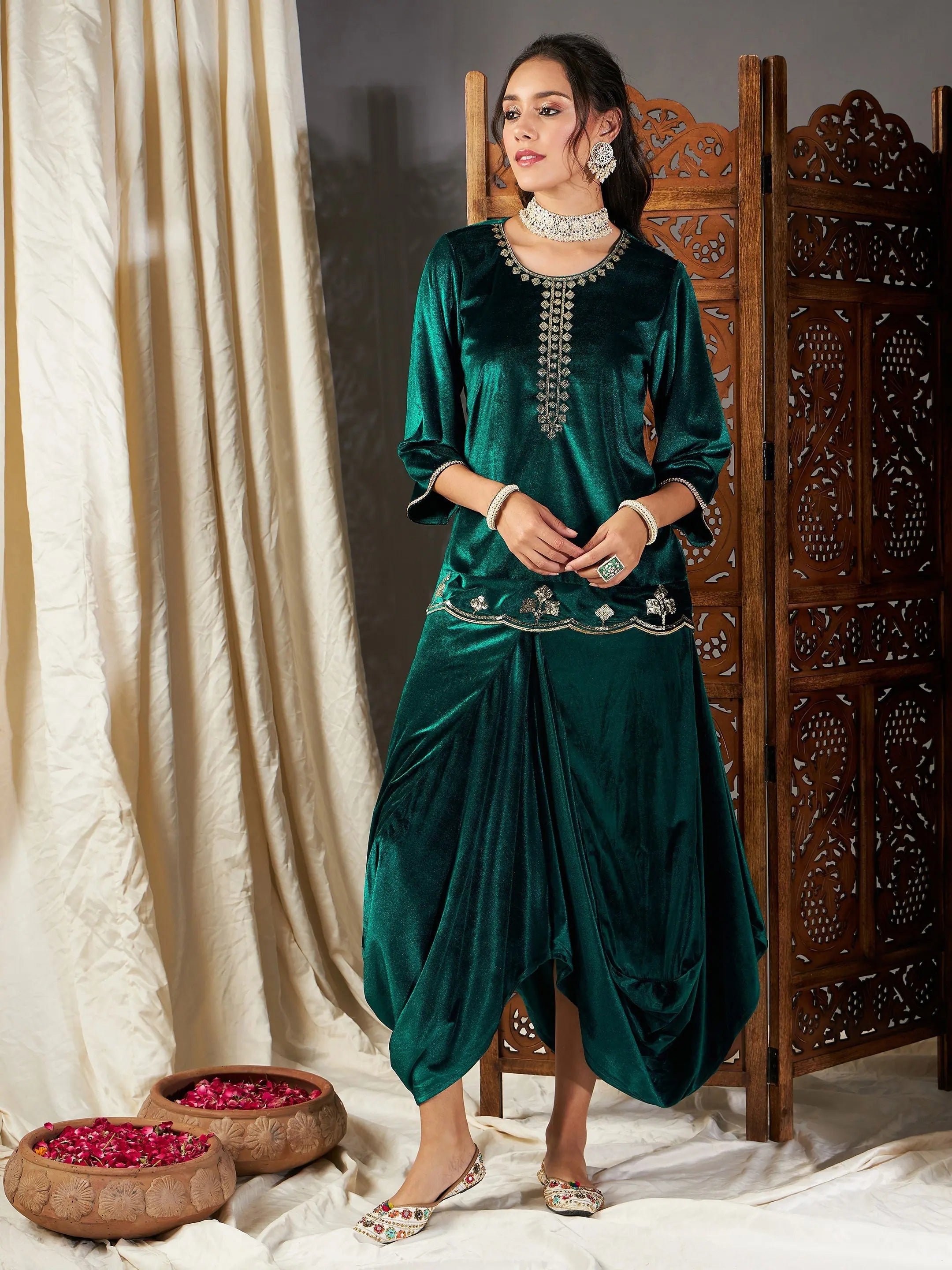 Green Velvet Dhoti Kurta Set | Women's Designer Dhoti Suits