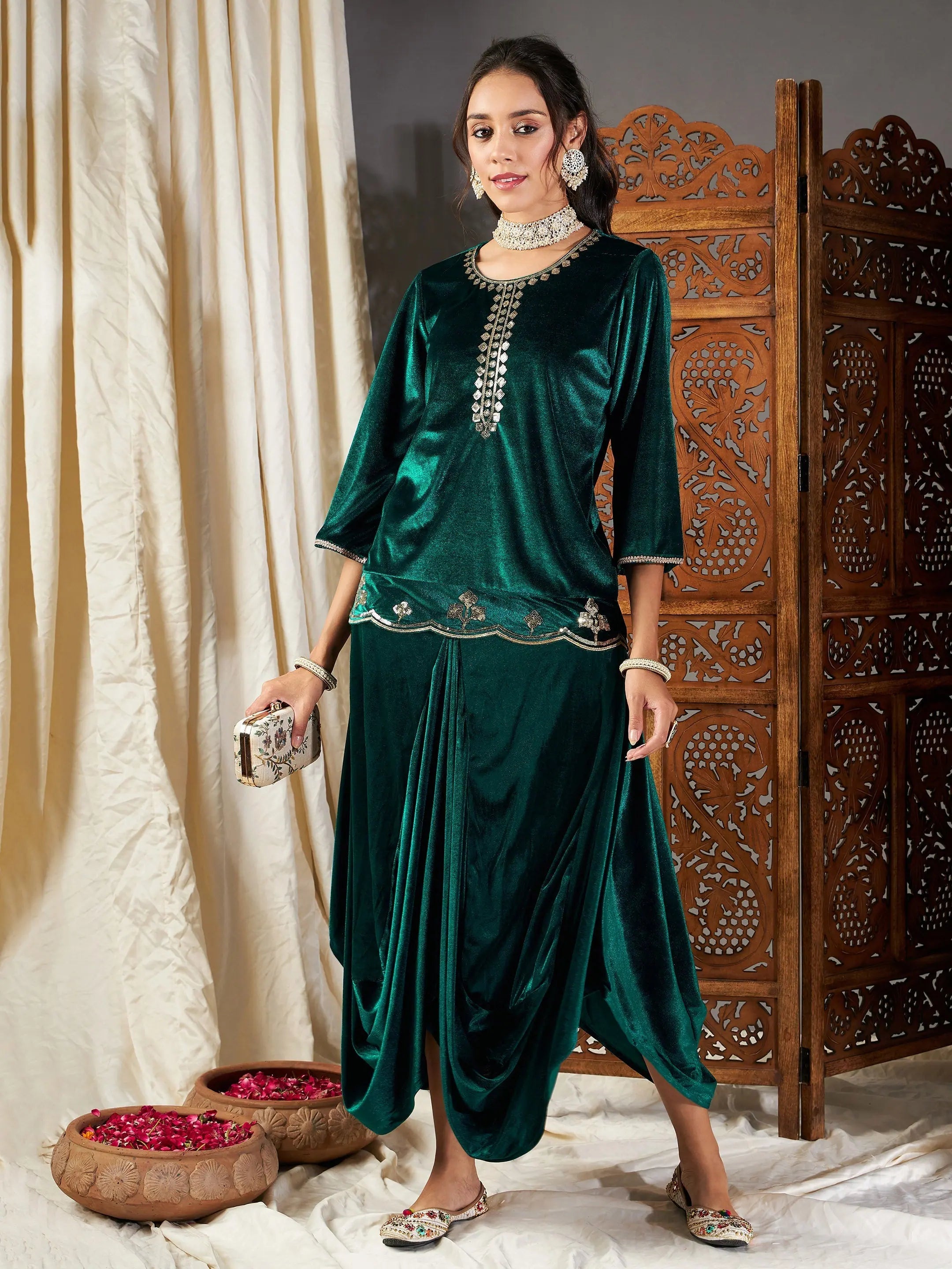 Green Velvet Dhoti Kurta Set | Women's Designer Dhoti Suits