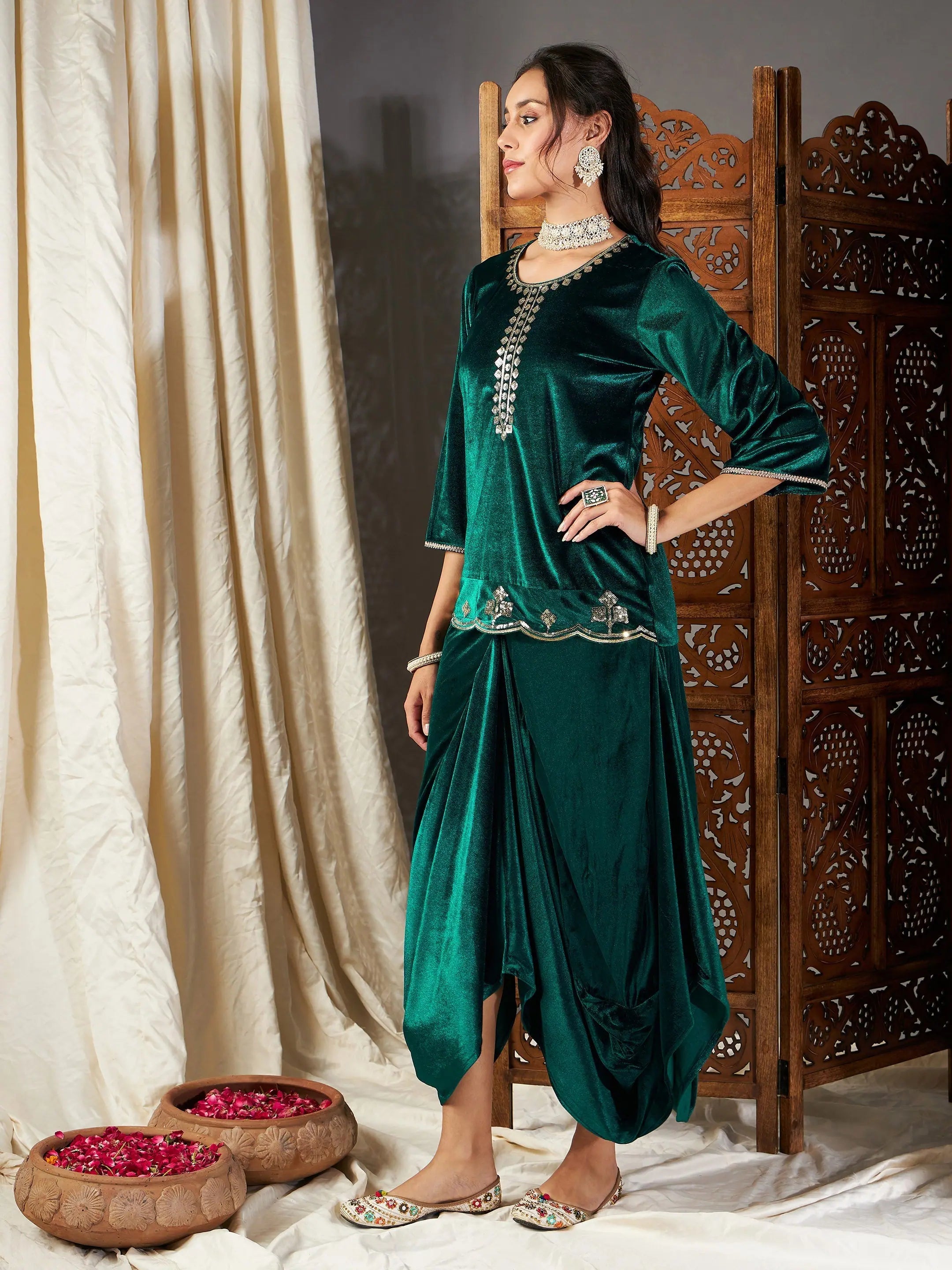 Green Velvet Dhoti Kurta Set | Women's Designer Dhoti Suits