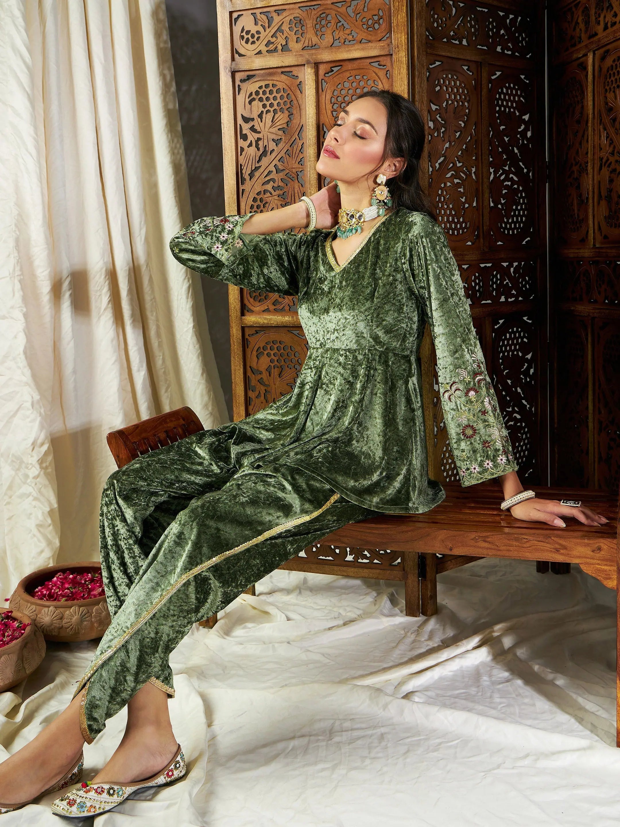Olive Velvet Kurta Dhoti Set | Women's Western Clothing