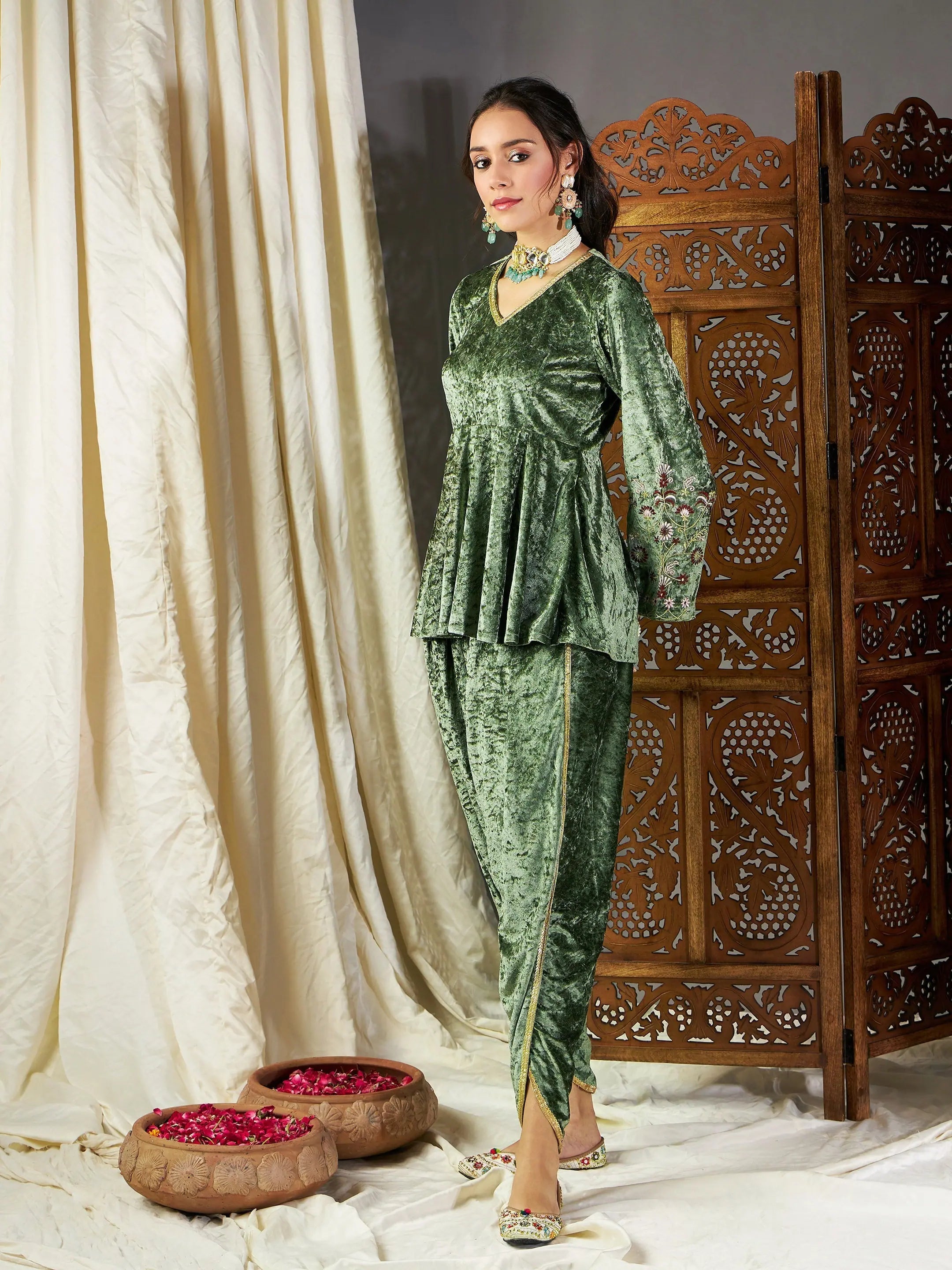 Olive Velvet Kurta Dhoti Set | Women's Western Clothing