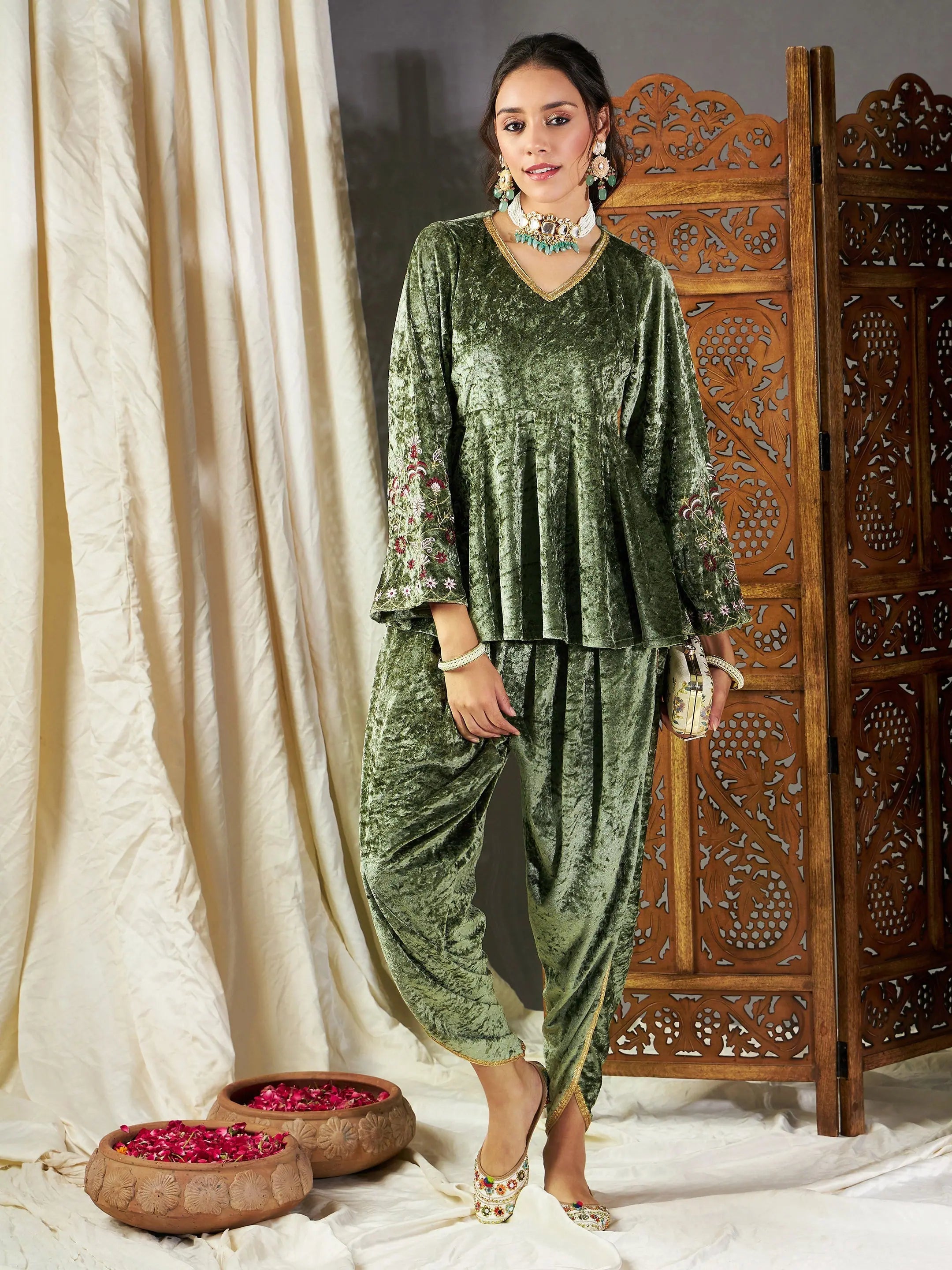 Olive Velvet Kurta Dhoti Set | Women's Western Clothing