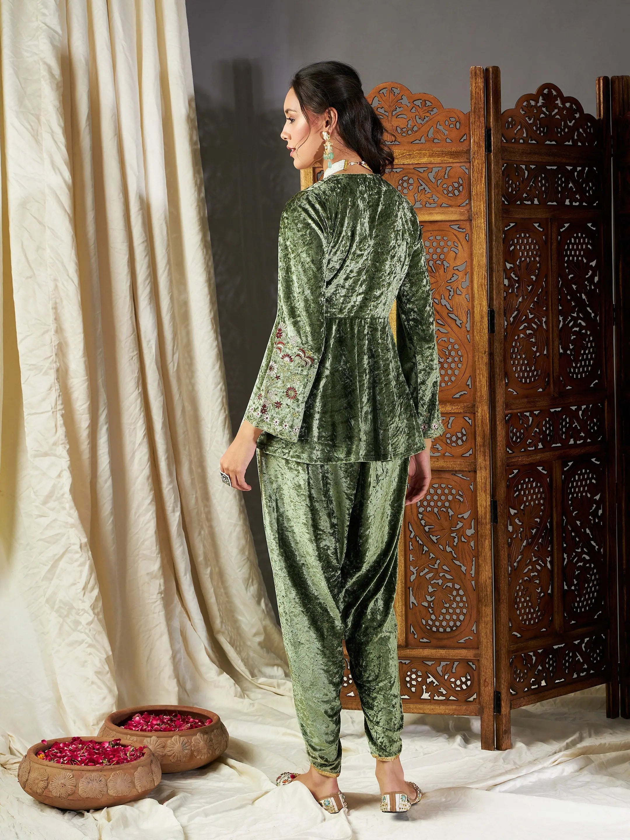 Olive Velvet Kurta Dhoti Set | Women's Western Clothing