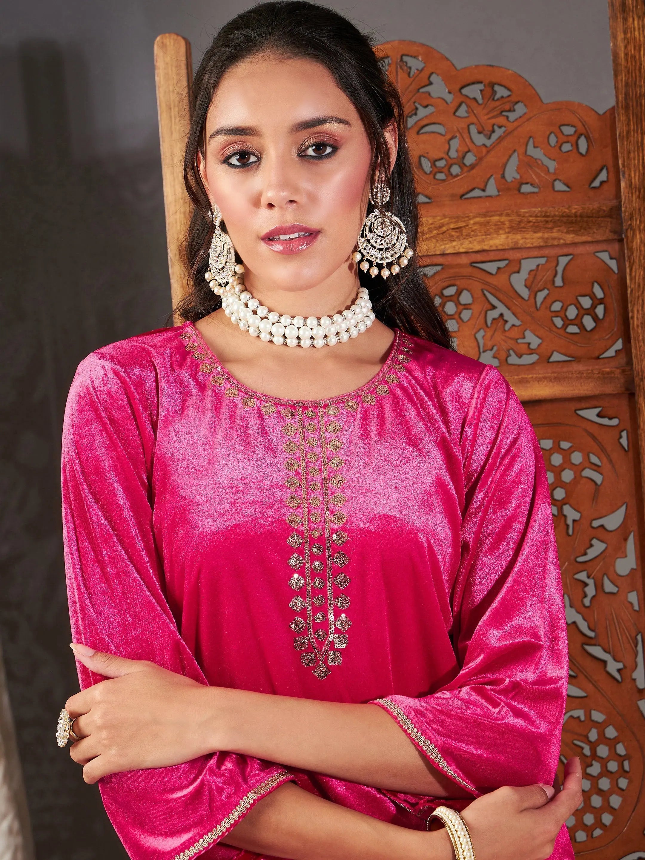 Fuchsia Velvet Dhoti Kurta Set | Women's Dhoti Pants Outfit