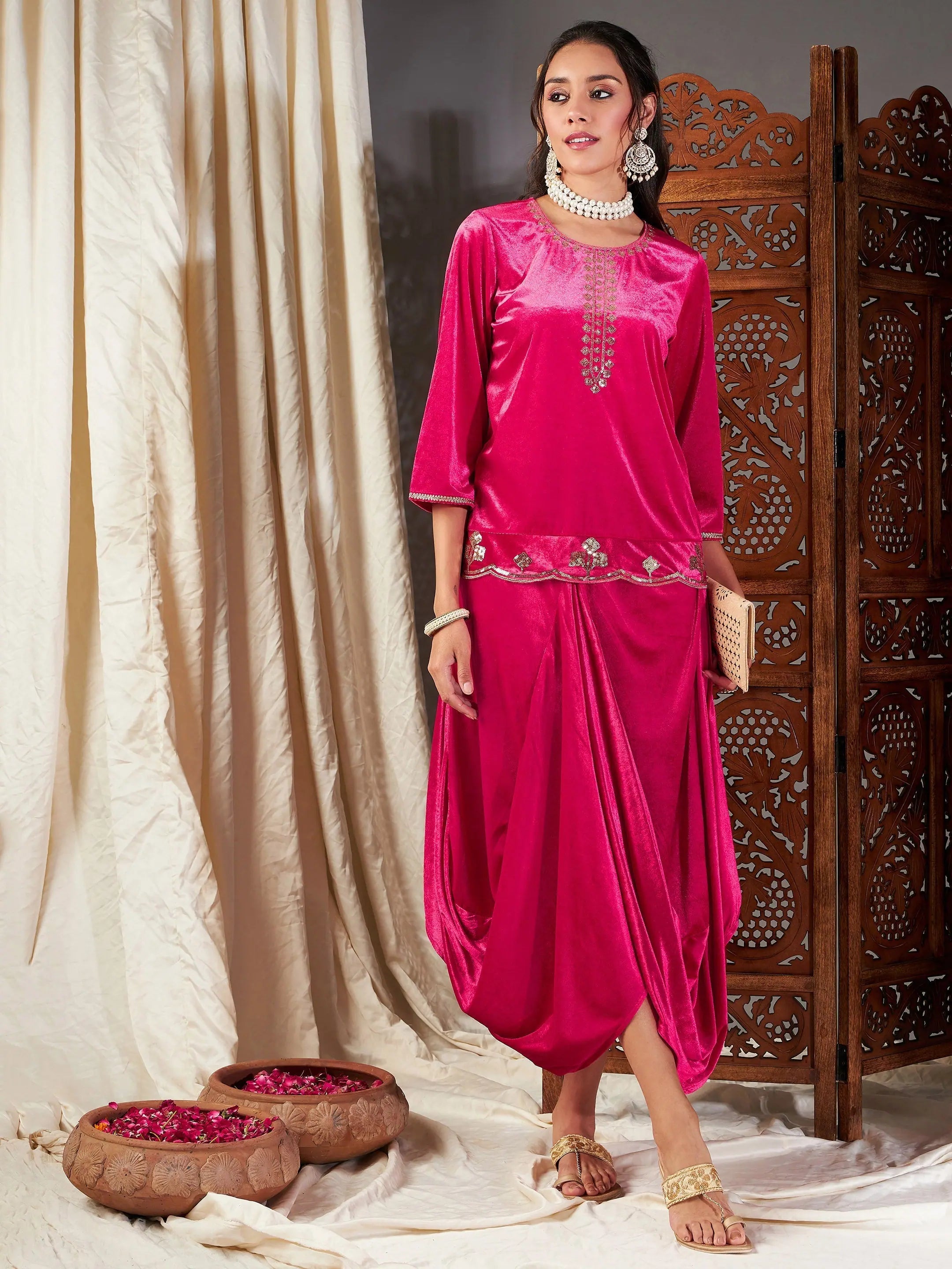 Fuchsia Velvet Dhoti Kurta Set | Women's Dhoti Pants Outfit