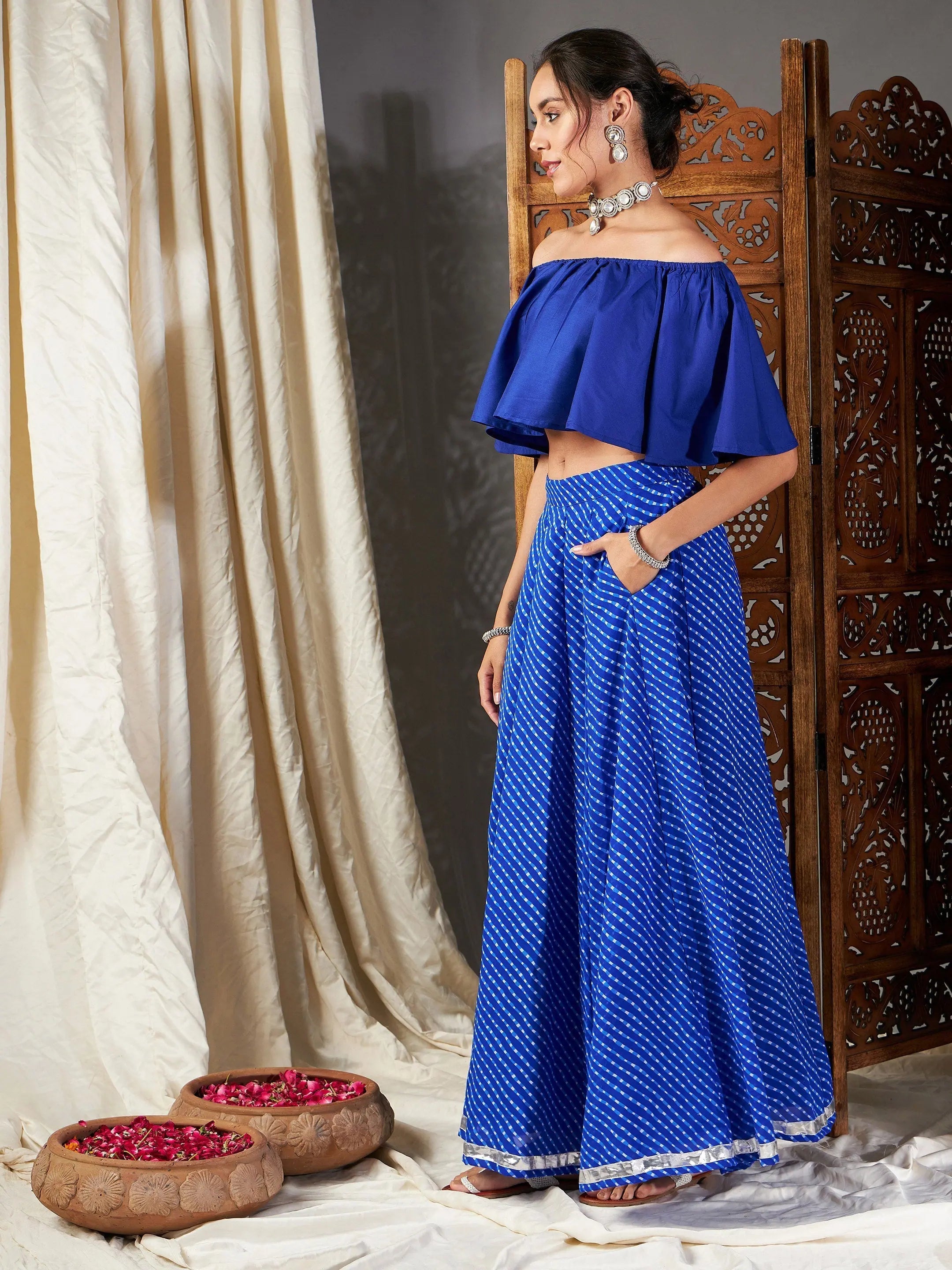 Blue Lehariya Crop Top Anarkali Skirt | Lehenga for Women