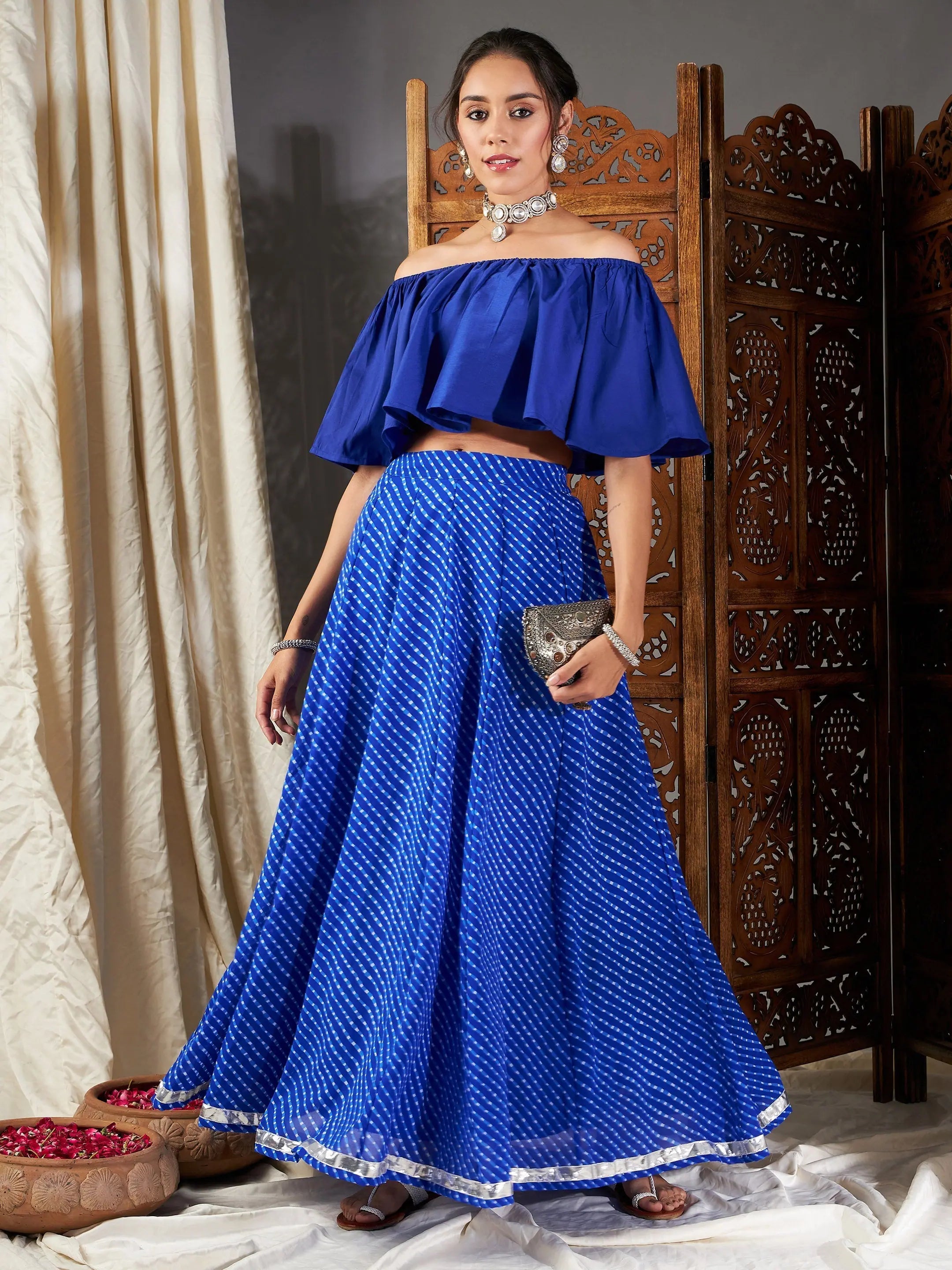 Blue Lehariya Crop Top Anarkali Skirt | Lehenga for Women