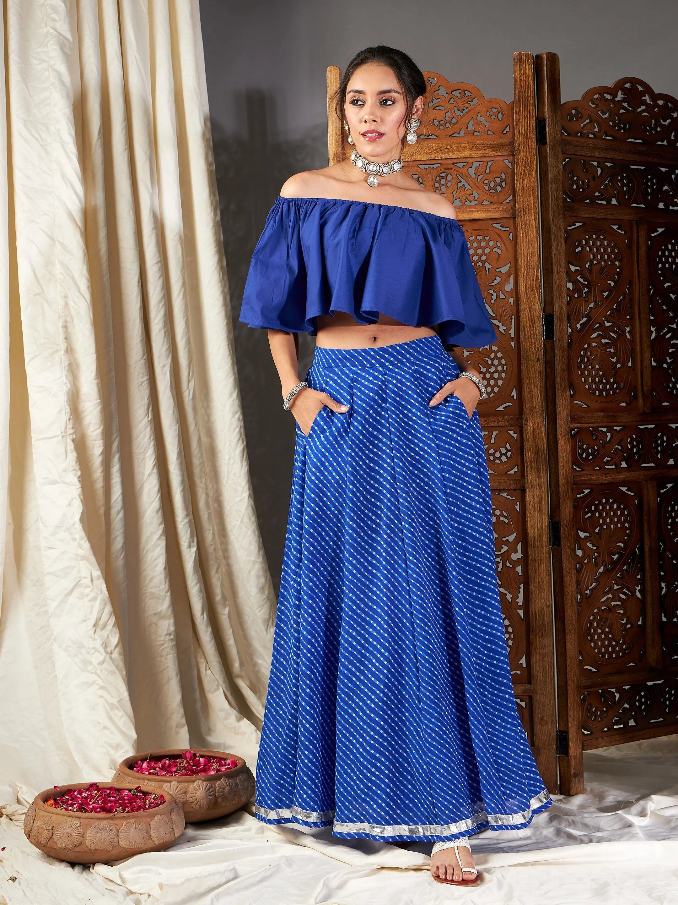 Blue Lehariya Crop Top Anarkali Skirt | Lehenga for Women