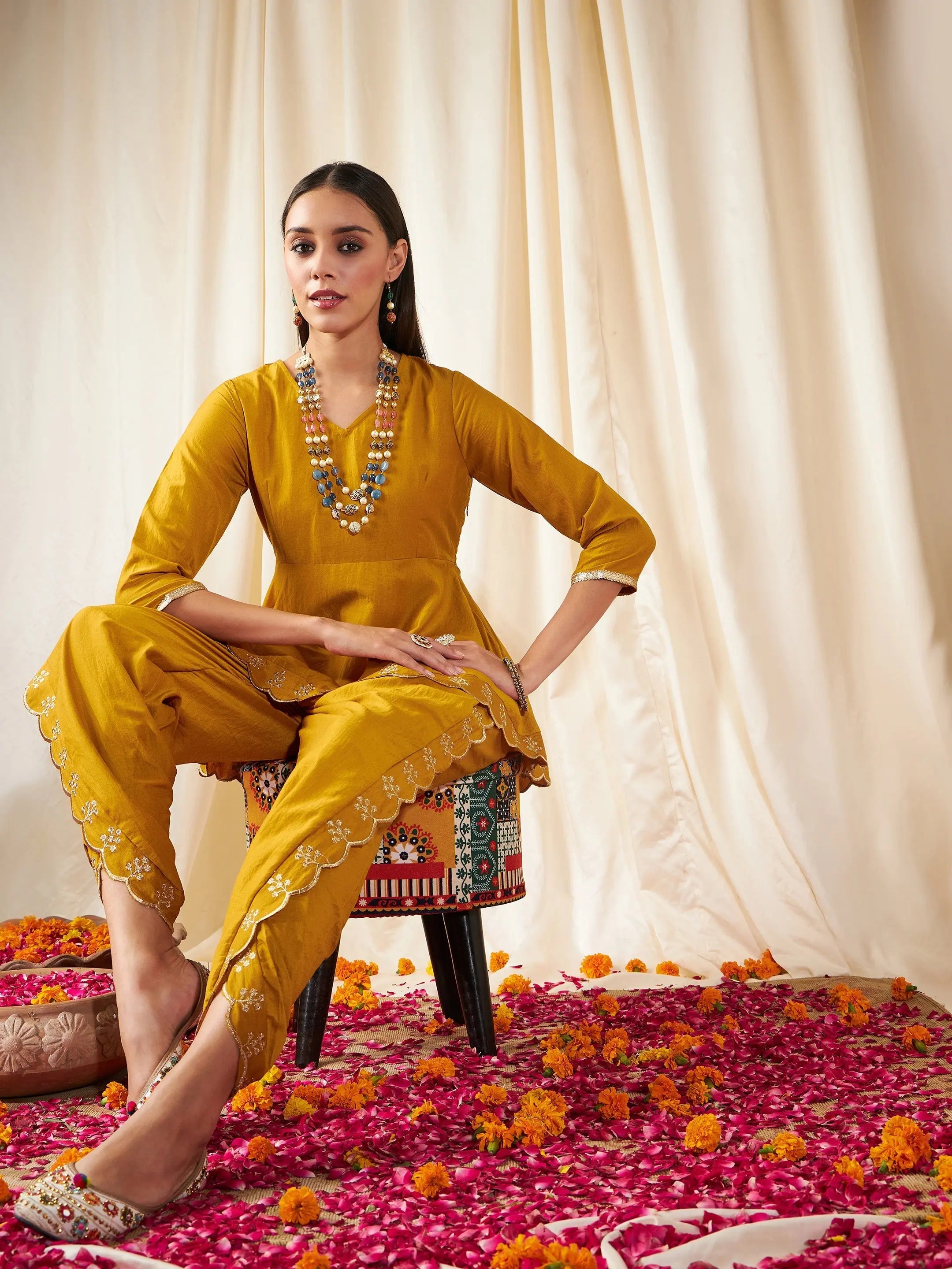 Mustard Embroidered Peplum Top & Dhoti Pants | Women's Shirts