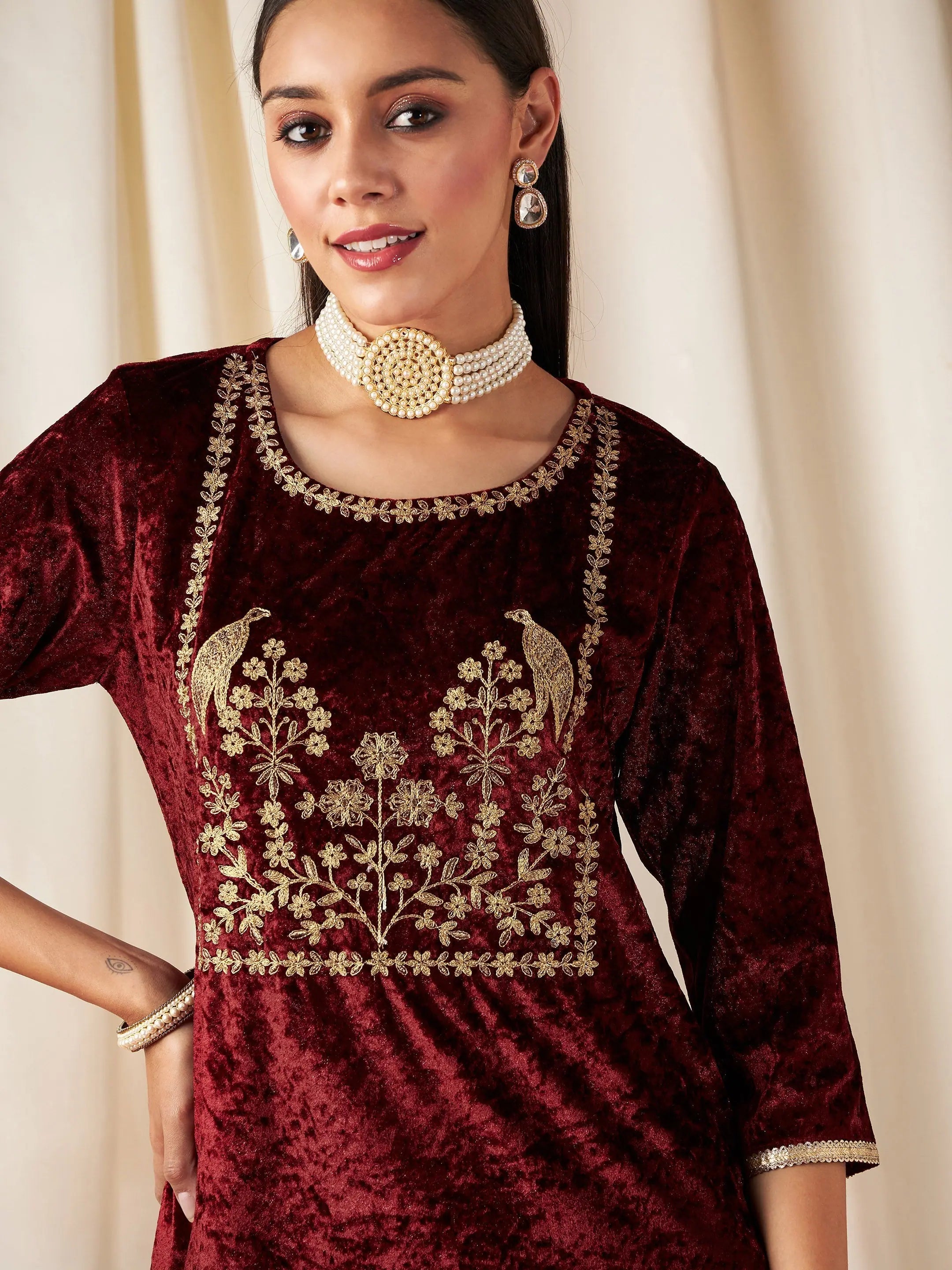 Maroon Velvet Kurta Set for Women - Embroidered Indian Kurta