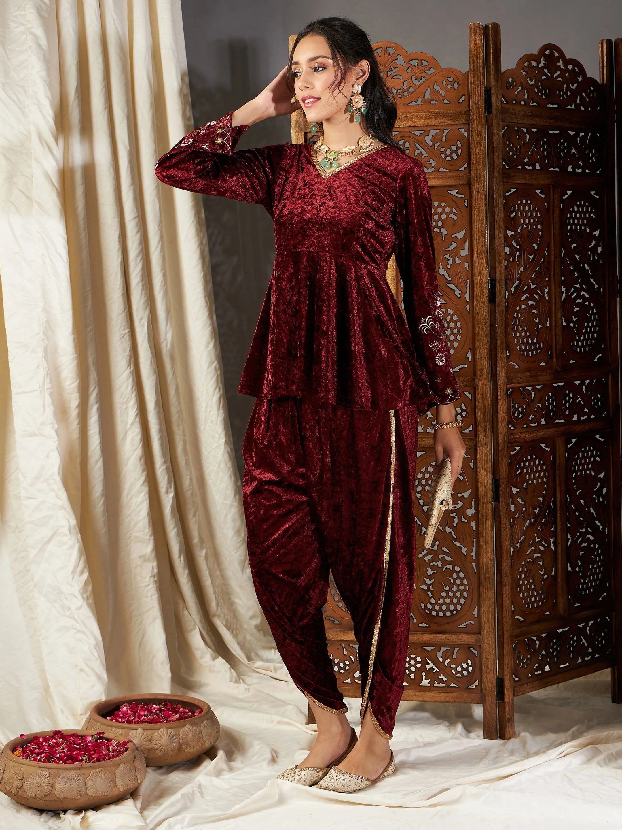 Velvet Embroidered Peplum Kurta Dhoti Pants | Women's Western ...