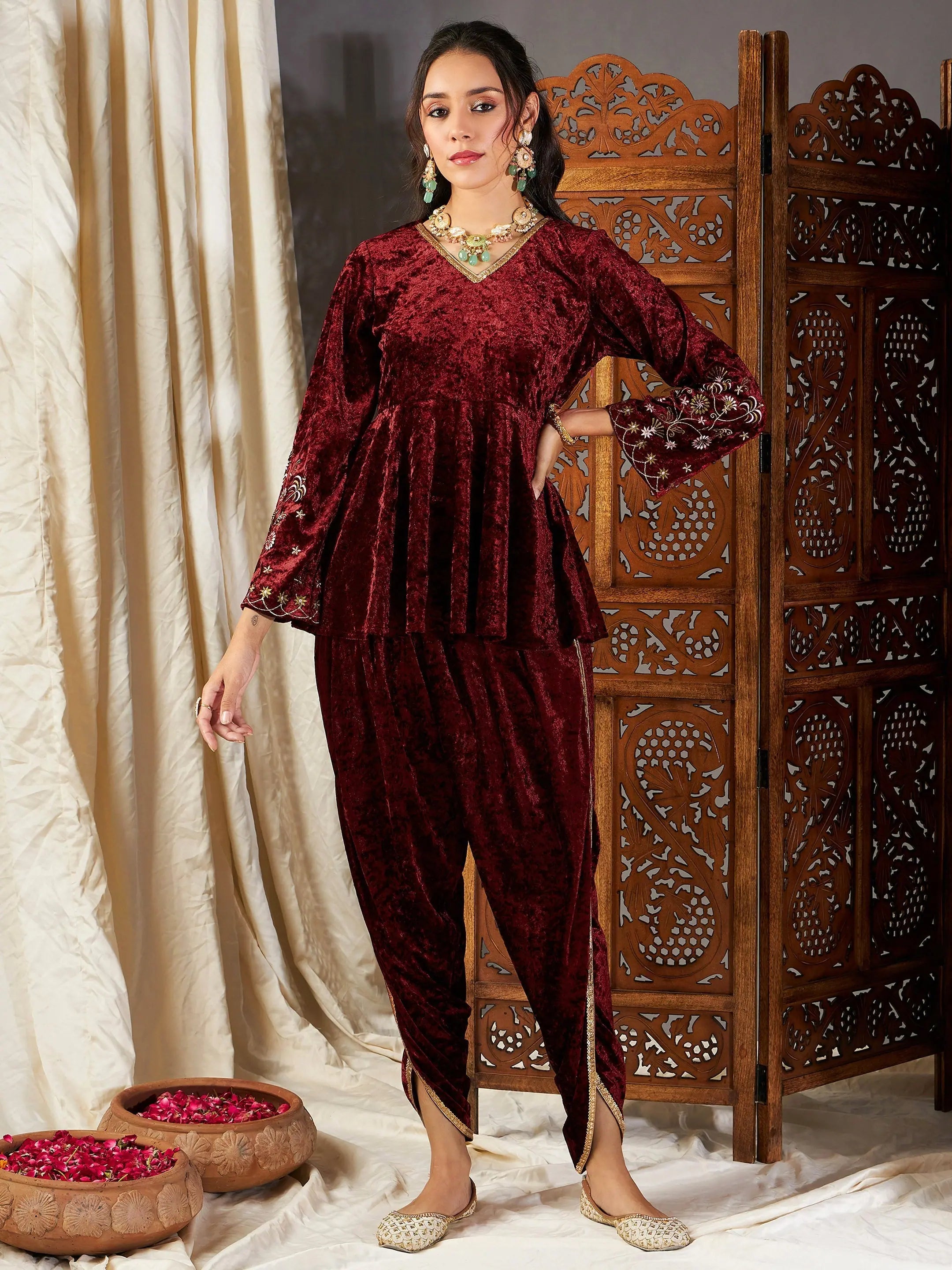Velvet Embroidered Peplum Kurta Dhoti Pants | Women's Western ...