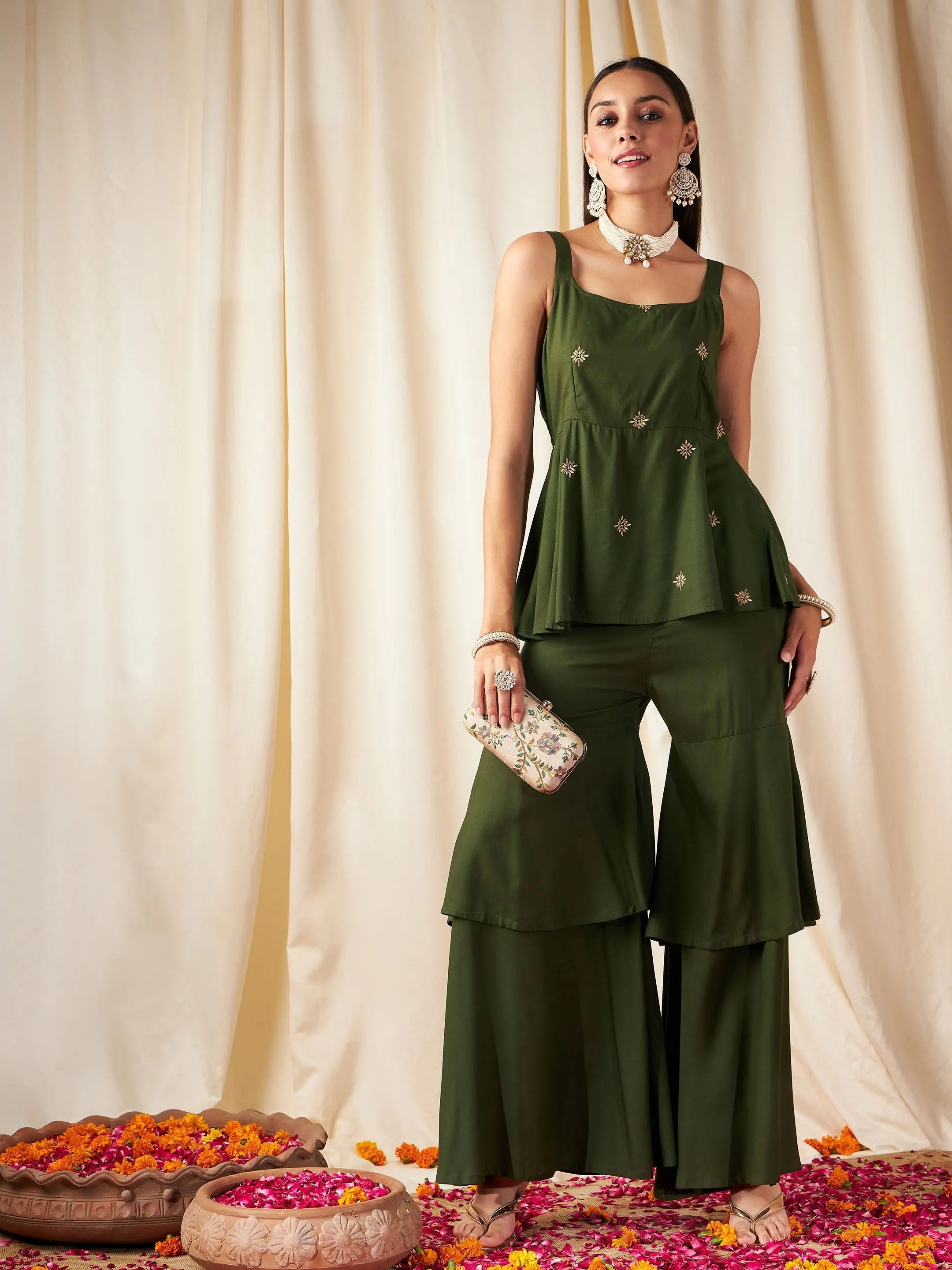 Olive Zari Strappy Top & Frilly Pants - Women's Western Outfits