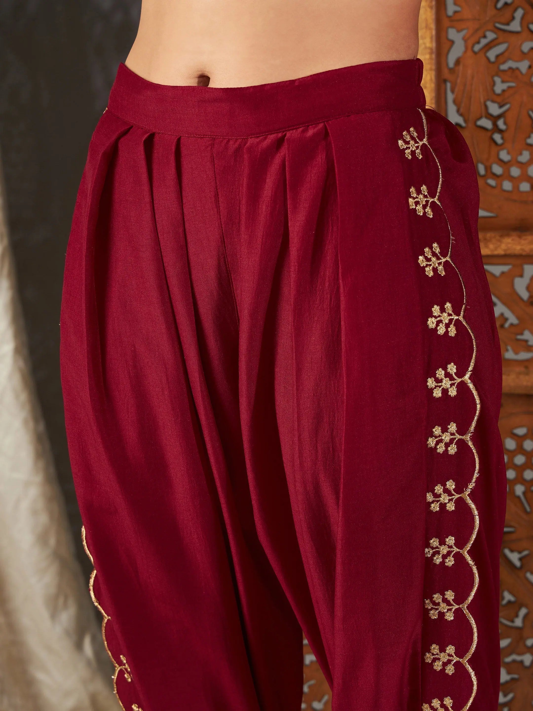 Maroon Embroidered Peplum Top & Dhoti Pants | Women's Tops