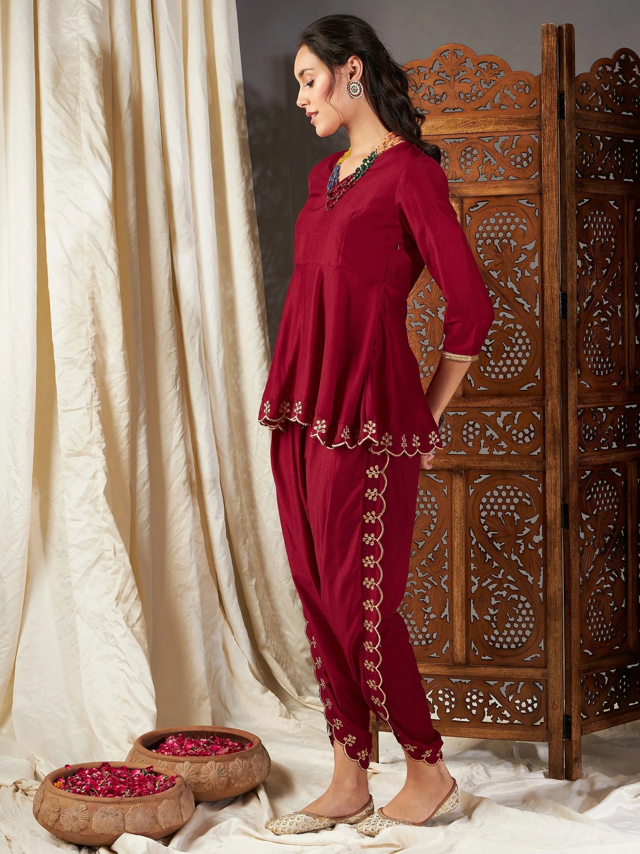 Maroon Embroidered Peplum Top & Dhoti Pants | Women's Tops
