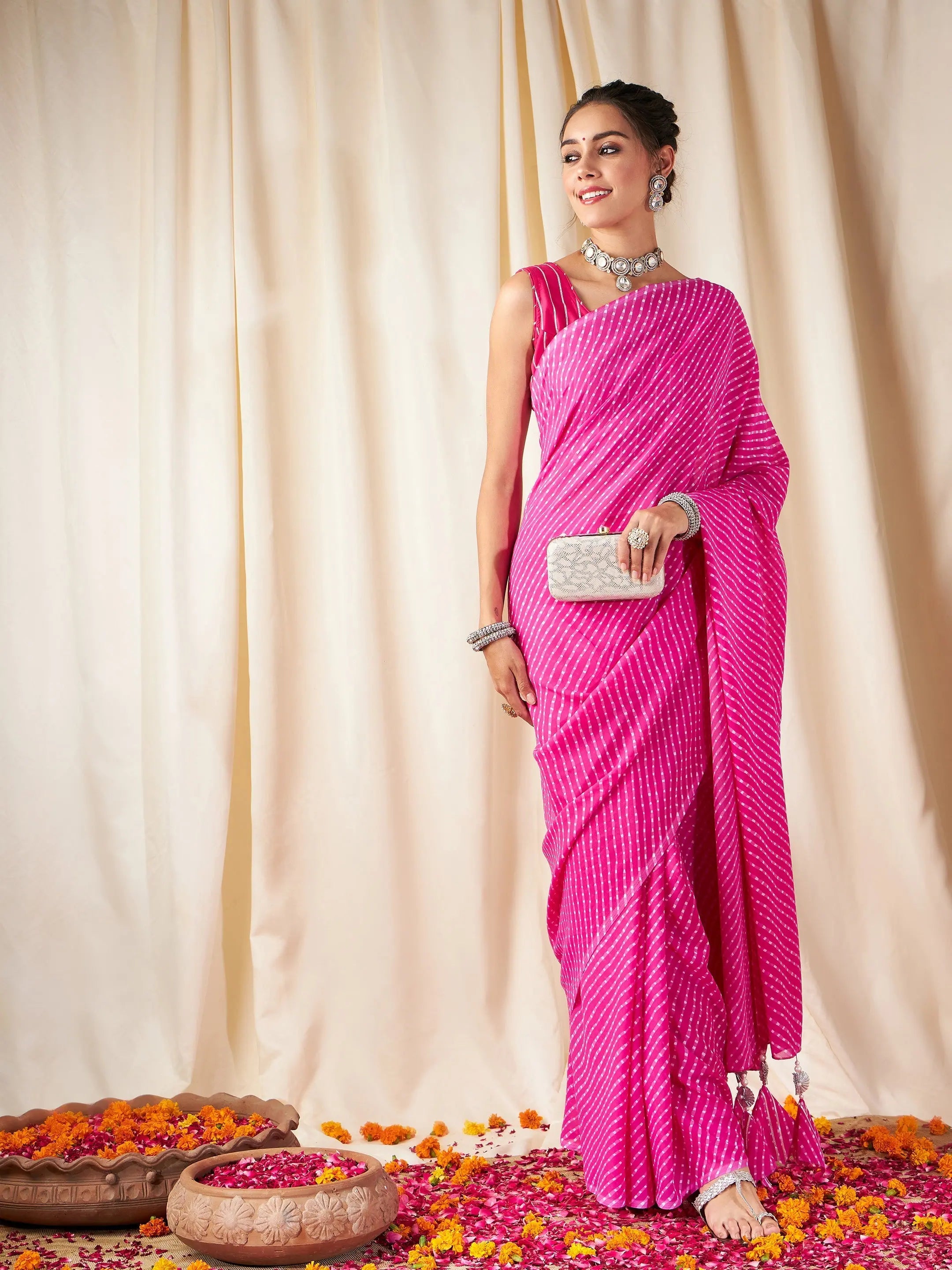 Pink Lehariya Saree | Indian Sarees with Gota Blouse
