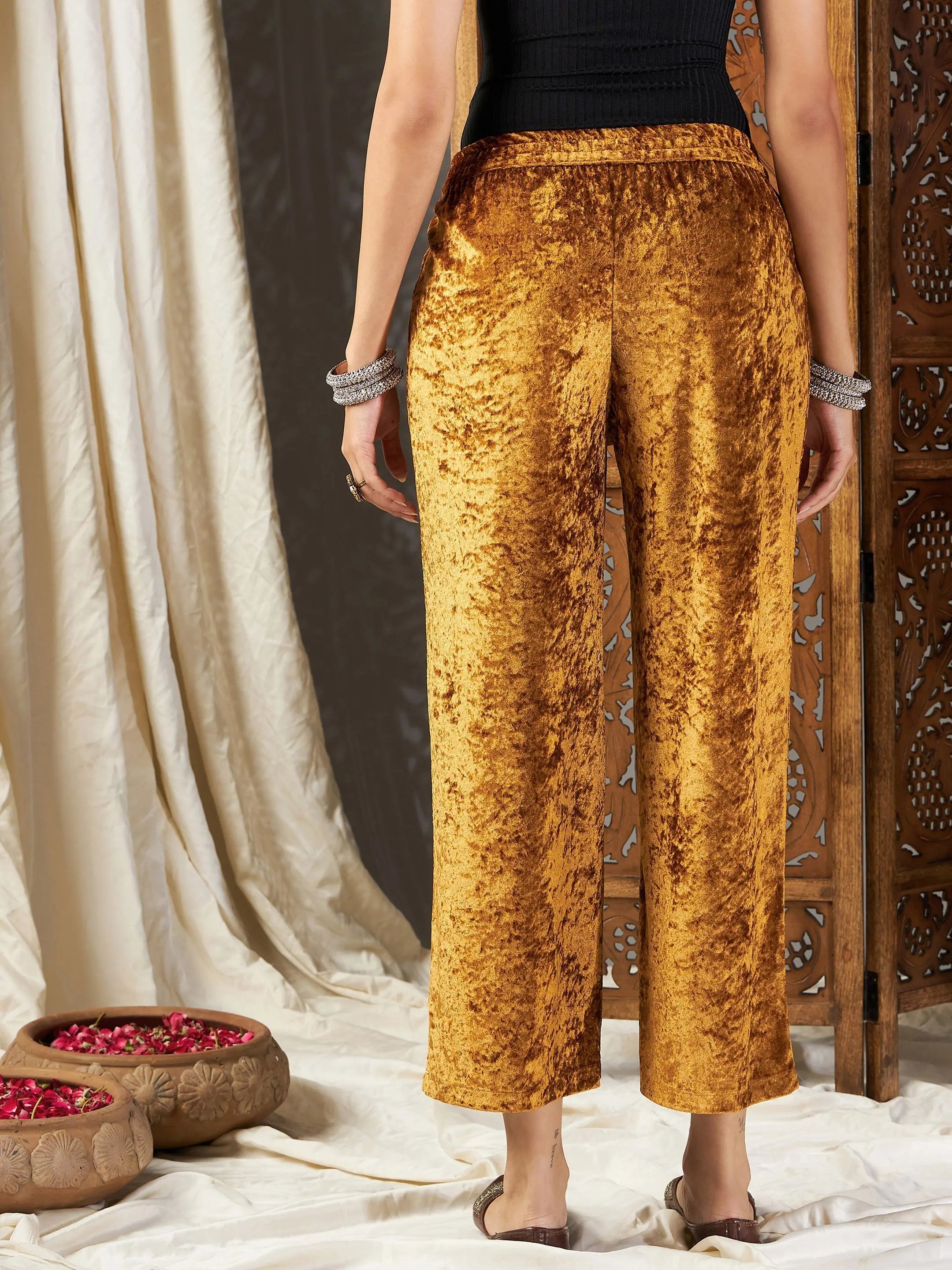 Mustard Velvet Straight Pants - Trendy Women's Western Wear