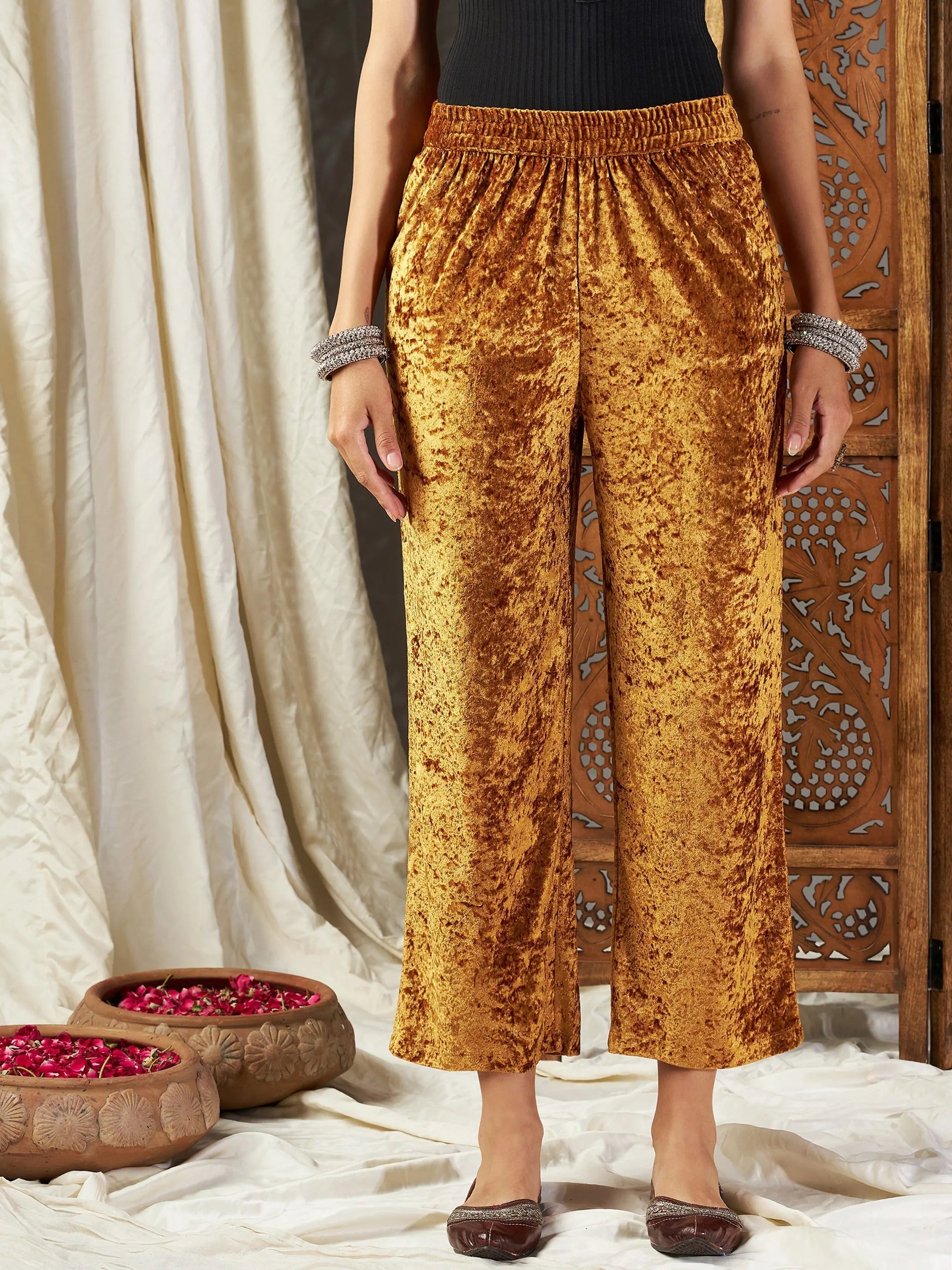 Mustard Velvet Straight Pants - Trendy Women's Western Wear