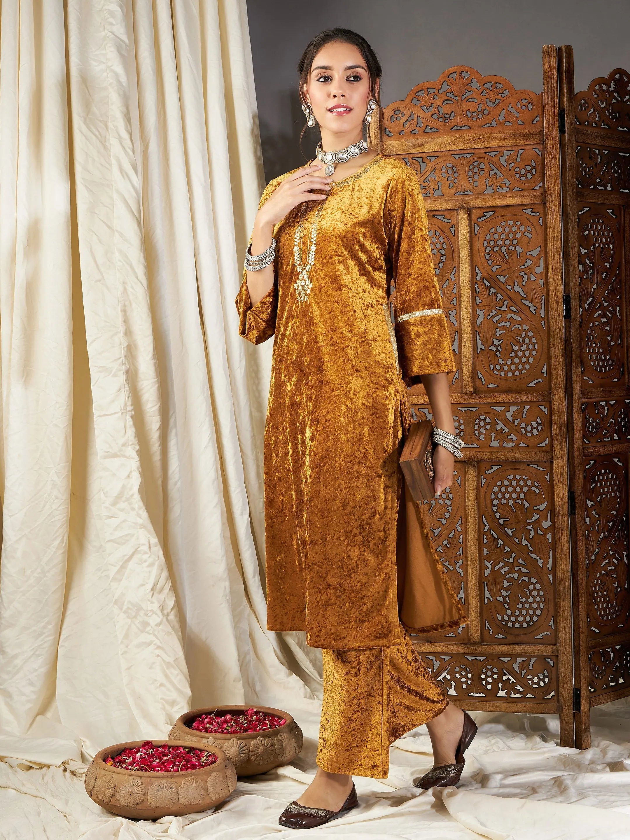 Mustard Velvet Straight Pants - Trendy Women's Western Wear