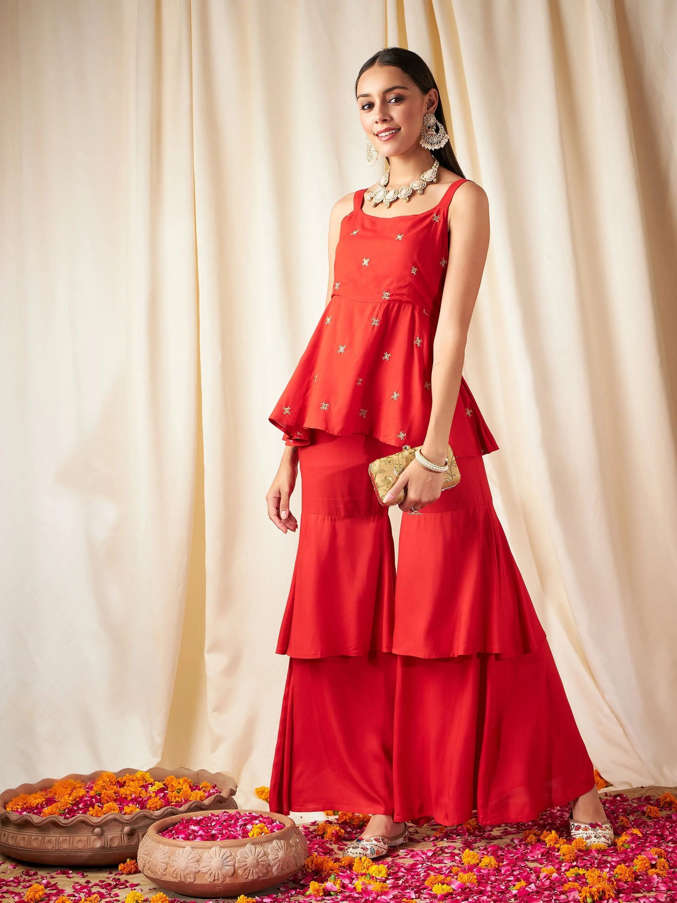 Red Zari Strappy Top & Frilly Pants - Women's Western Outfits