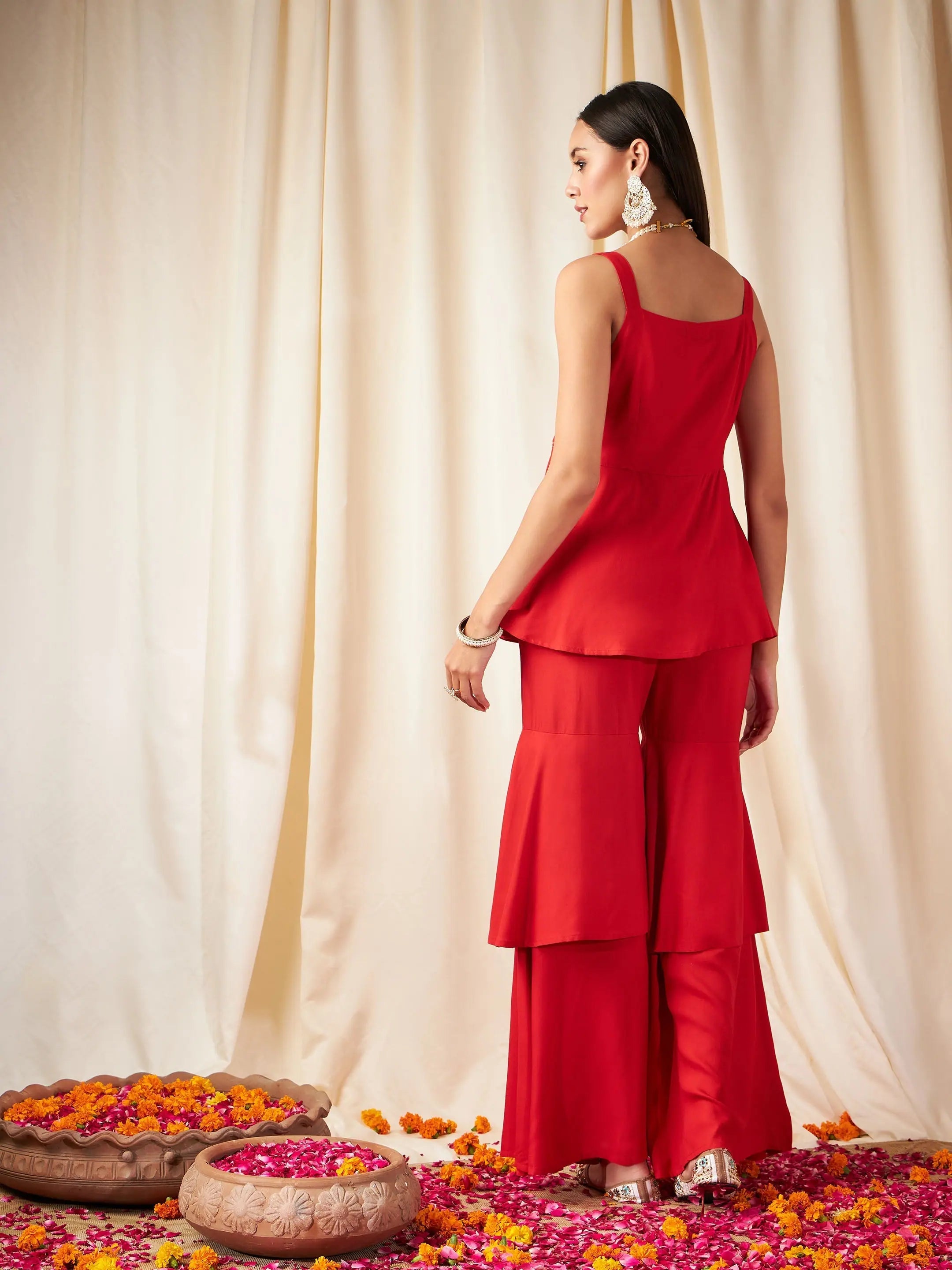 Red Zari Strappy Top & Frilly Pants - Women's Western Outfits