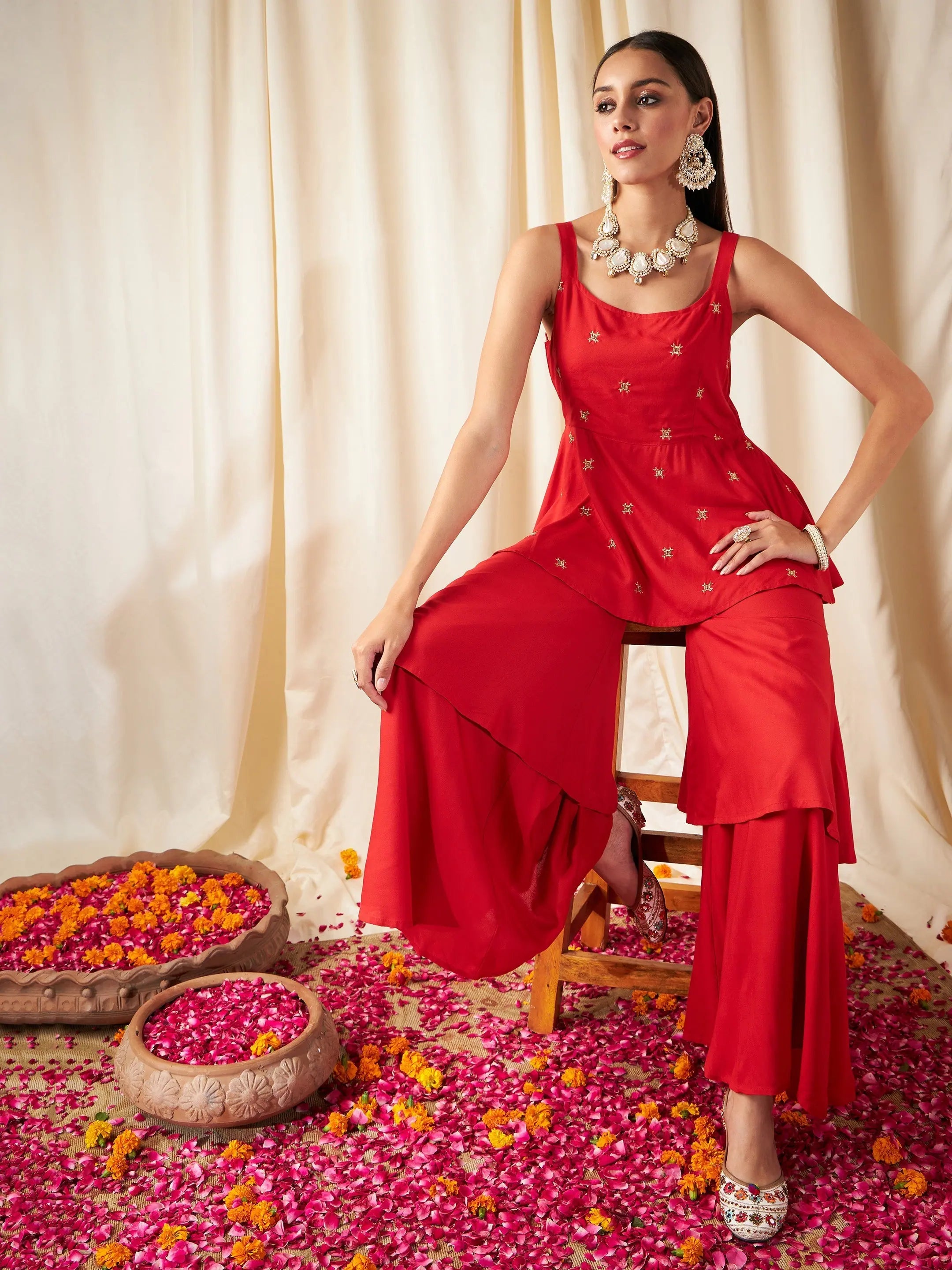 Red Zari Strappy Top & Frilly Pants - Women's Western Outfits