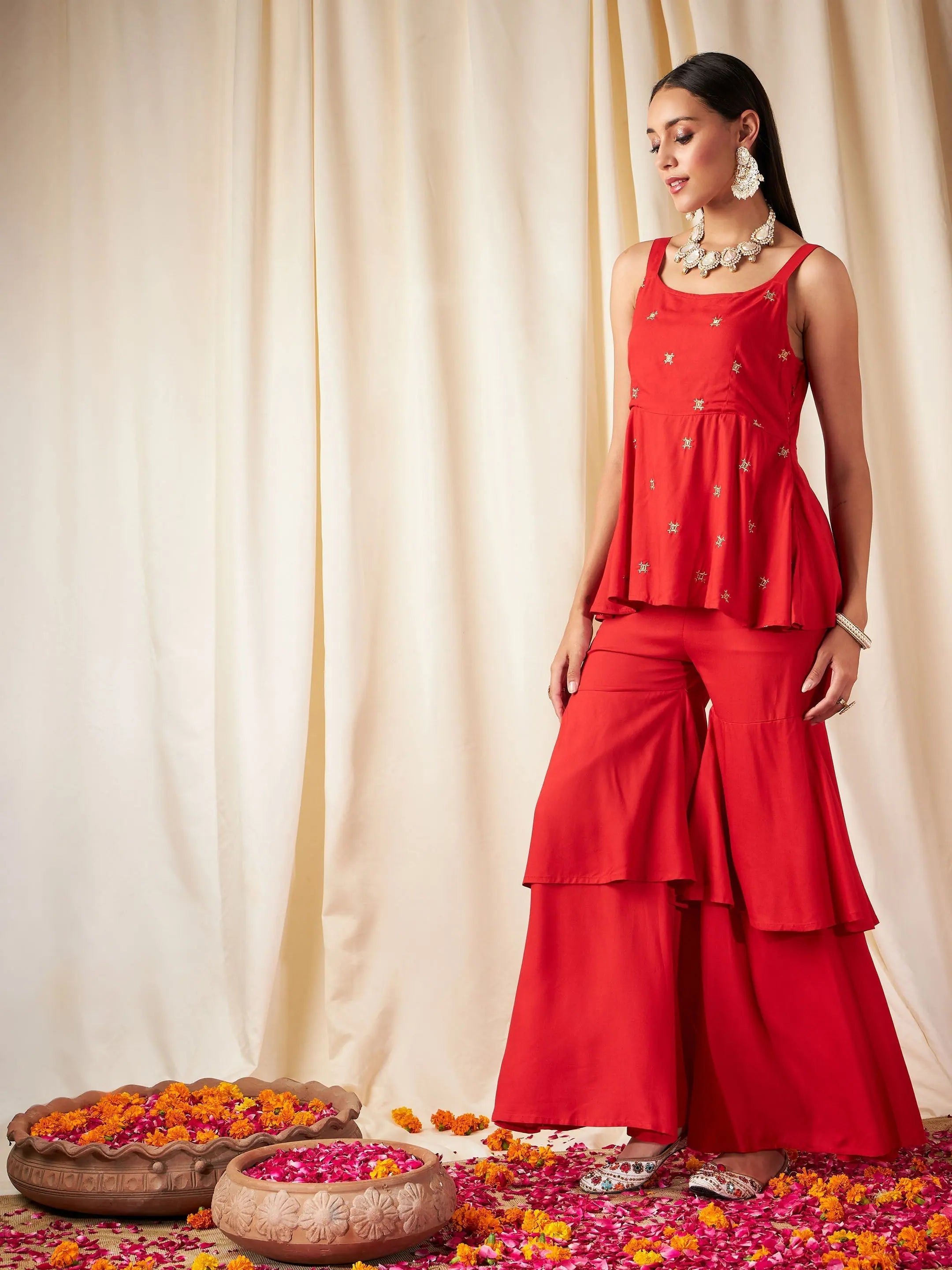 Red Zari Strappy Top & Frilly Pants - Women's Western Outfits