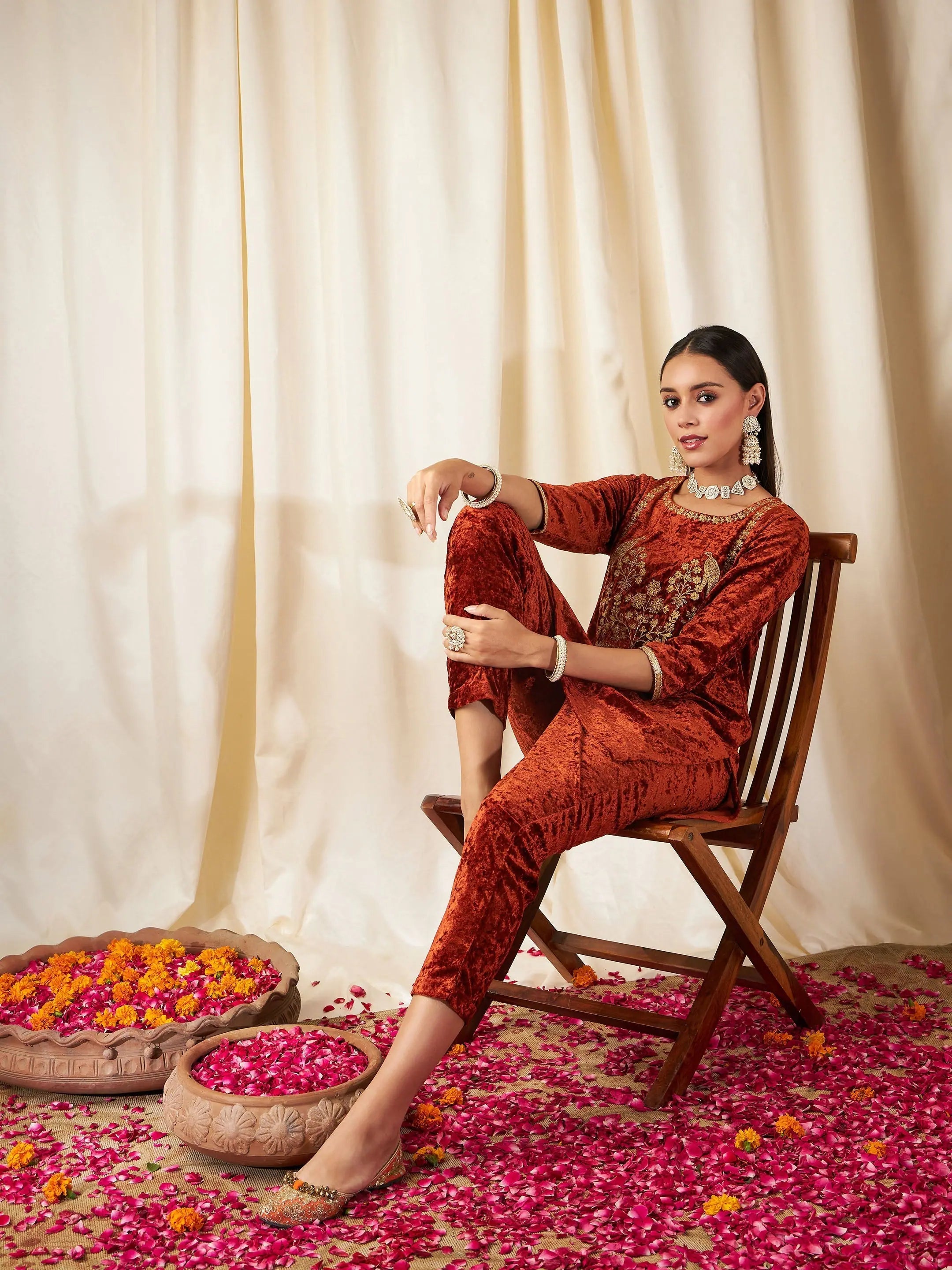 Rust Velvet Pencil Pants - Women's Western Wear Outfits