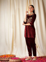 Women Maroon Velvet Embroidered Yoke Short Kurta