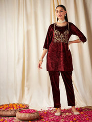 Women Maroon Velvet Embroidered Yoke Short Kurta