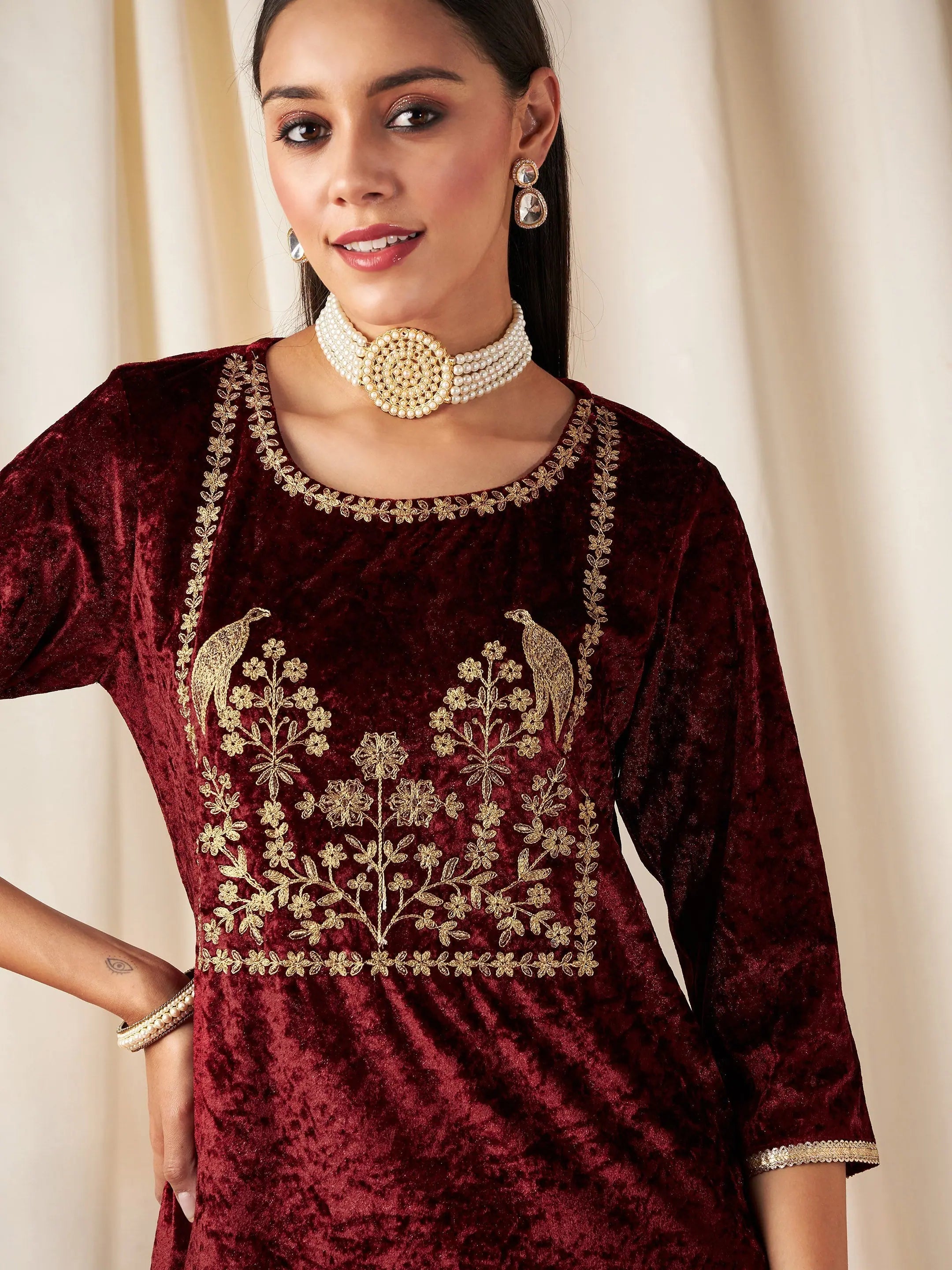 Maroon Velvet Embroidered Yoke Kurta - Indian Kurta Ladies